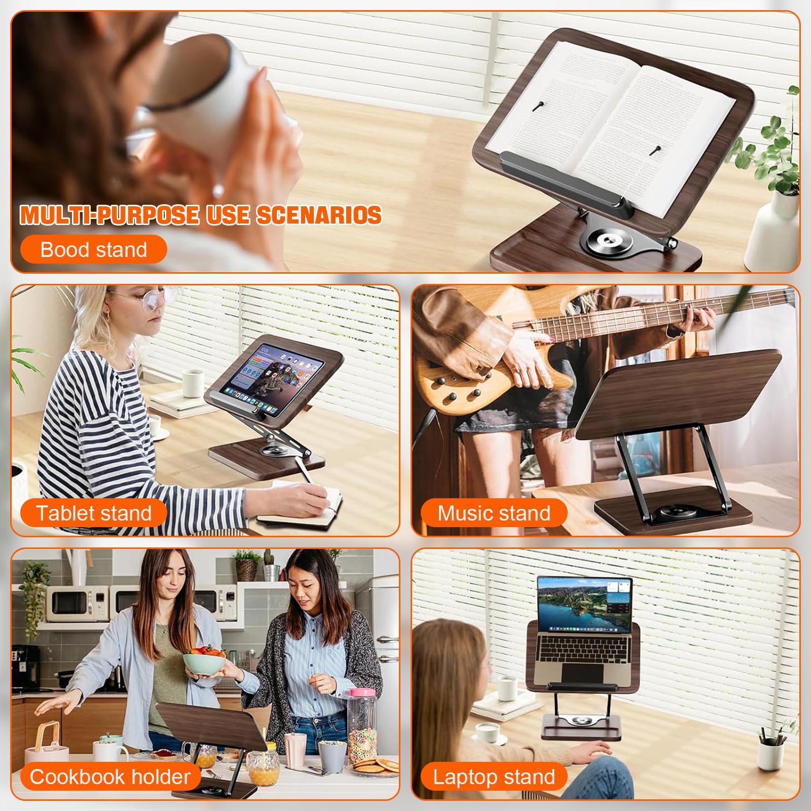 Support de Lecture en Bois Réglable et Rotatif à 360° - Pliable - Pupitre Ergonomique Porte-Livre pour Cuisine (Livre de Cuisine), Bureau, Partition de Musique et Tablette