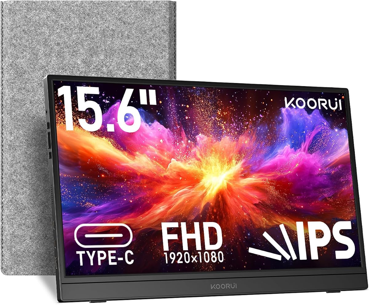 15.6 inch Portable Monitor, FHD 1080P IPS External Display | USB-C & Mini HDMI Connectivity, Second Screen for Laptop, PC, Remote Work, Travel, Home Office, Built-in Speakers, Kickstand