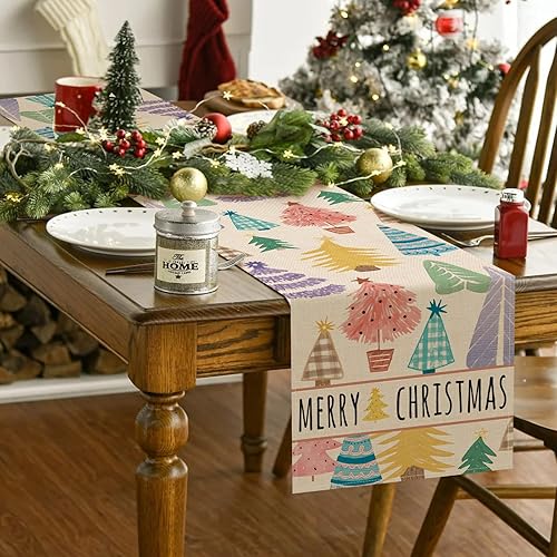 Miniatura 6 de Seliem Camino de mesa bohemio con árbol de pino de Feliz Navidad, diseño a cuadros de búfalo bohemio de Navidad, decoración de mesa de comedor,