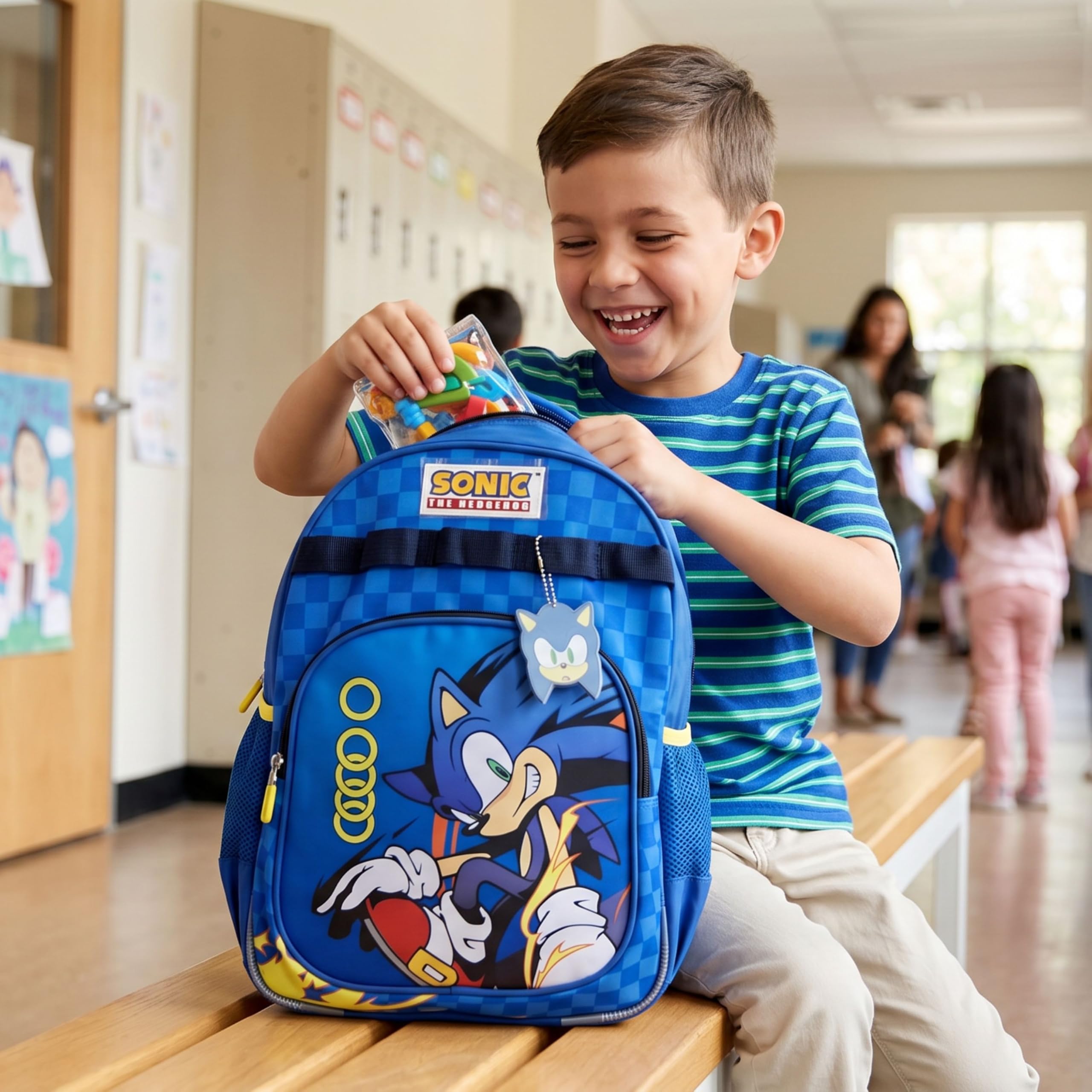 Sonic the Hedgehog - Mochila escolar para niños, 2 compartimentos, ligera, bolsa para libros grande con bolsillo frontal y bolsillo lateral de malla para botellas, mochila de viaje para niños, mochila