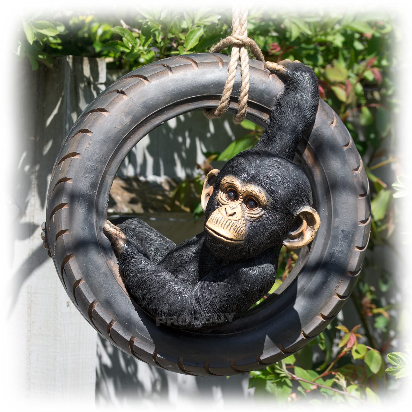 Rope Hanging Chimp Tyre Swing Garden Ornament Statue Figure