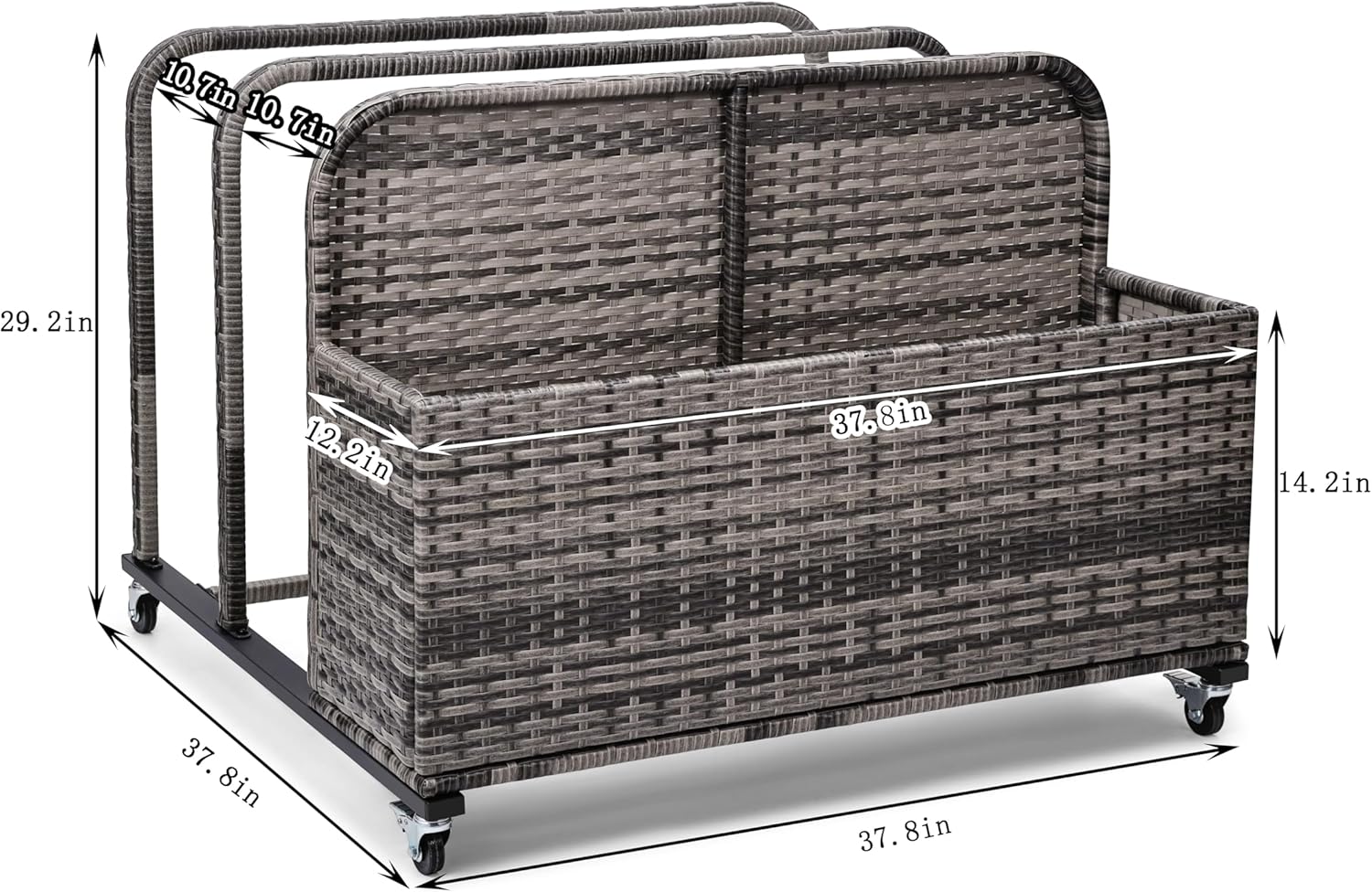 Poolside Float Storage Organizer, Pool Toy Storage Holder with Wicker Basket Outdoor Pool Float Holder Storage Rack Rolling Pool Caddy Cart Raft Holder Storage Rack for Pool Noodles Equipment Grey