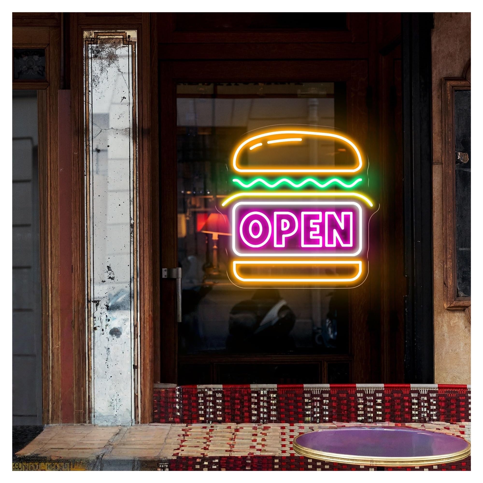 SHOUXI Sign Lamp Burger Open Neon Sign Hamburger Light, for Restaurant Home Wall Decor Welcome 50cmx50cm(D)