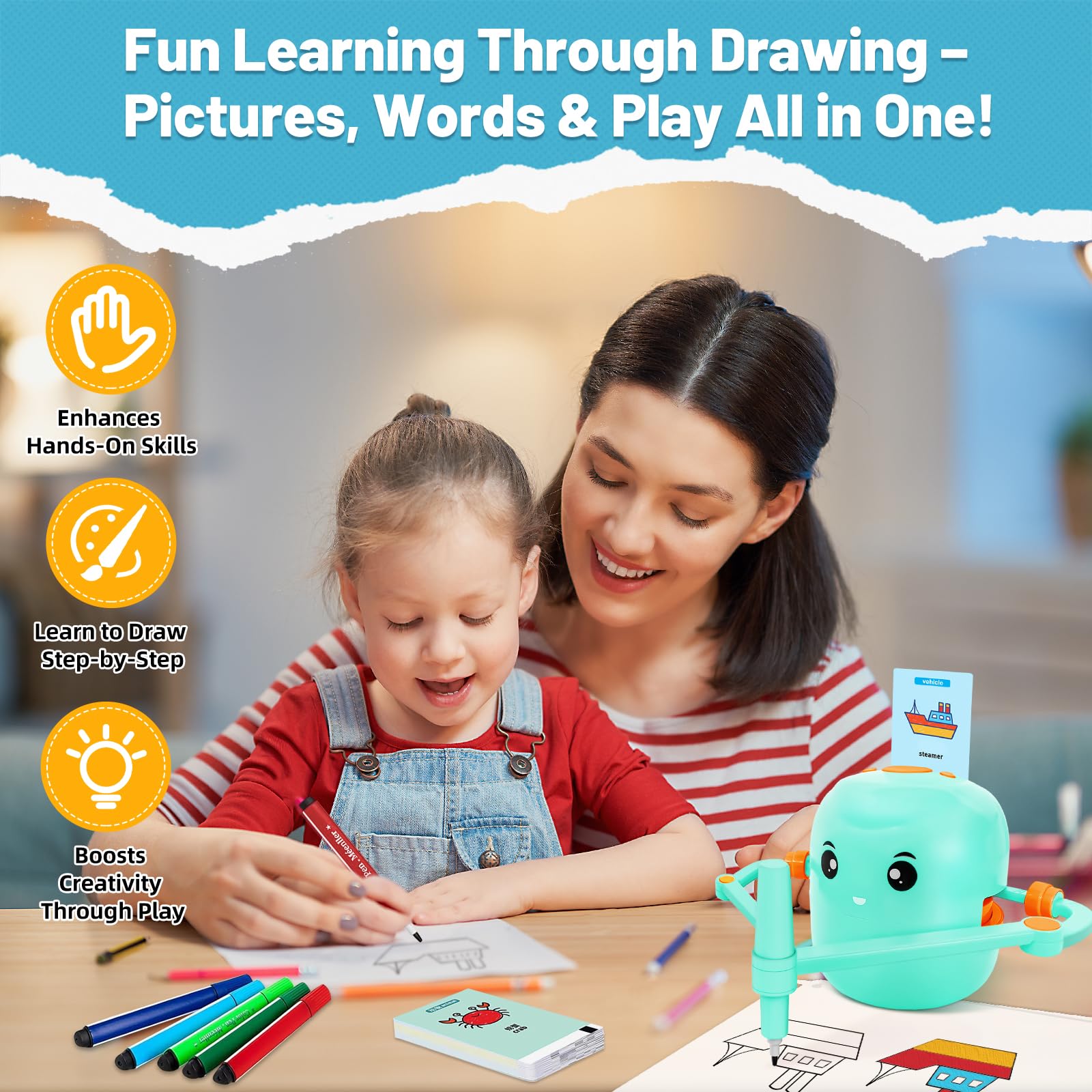 Drawing Robot for Kids with 150 Learning Cards & 17 Colorful Pens, Voice Interactive Educational Smart Art Painting Machine - Image 2