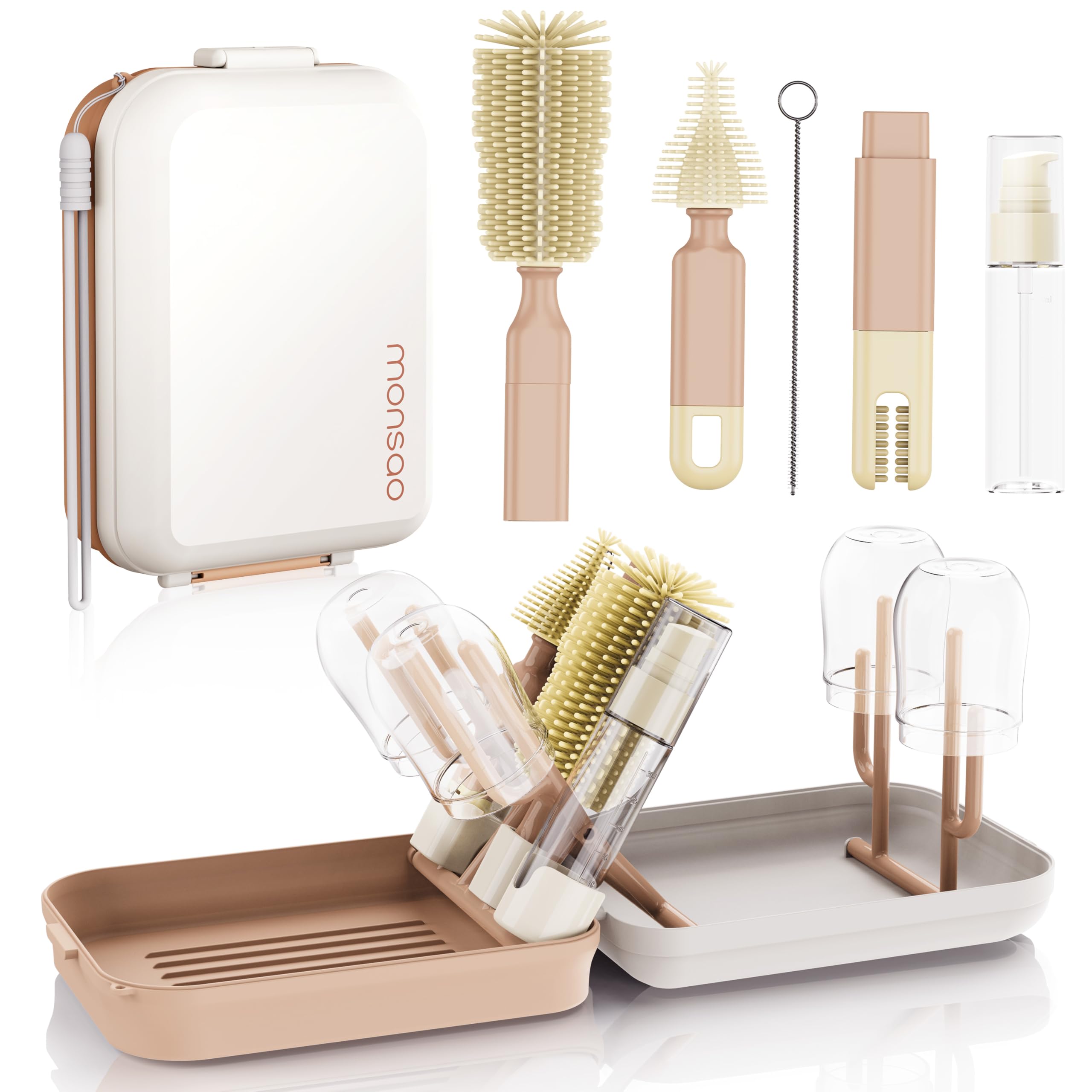 Baby Bottle Brush Set with Drying Rack, Portable Silicone Bottle Cleaner Kit for Bottles, Nipples and Straws, Travel Storage Box for Home and On-The-Go Use（Pink）