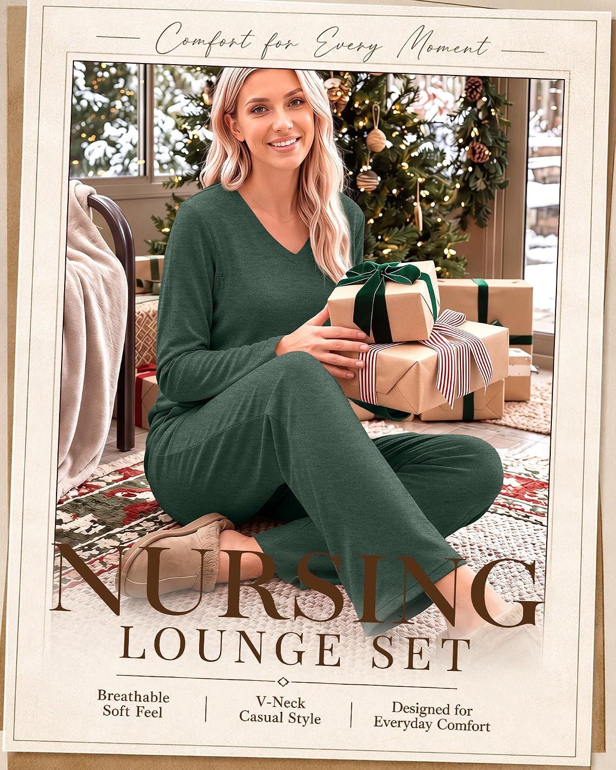 Neer 2 Piece Maternity Nursing Lounge Set | Breastfeeding Friendly, Hidden Zippers, Long Sleeve V Neck Shirt, Wide Leg Pants, Soft Fabric, Daily Wear, Postpartum, Pjs
