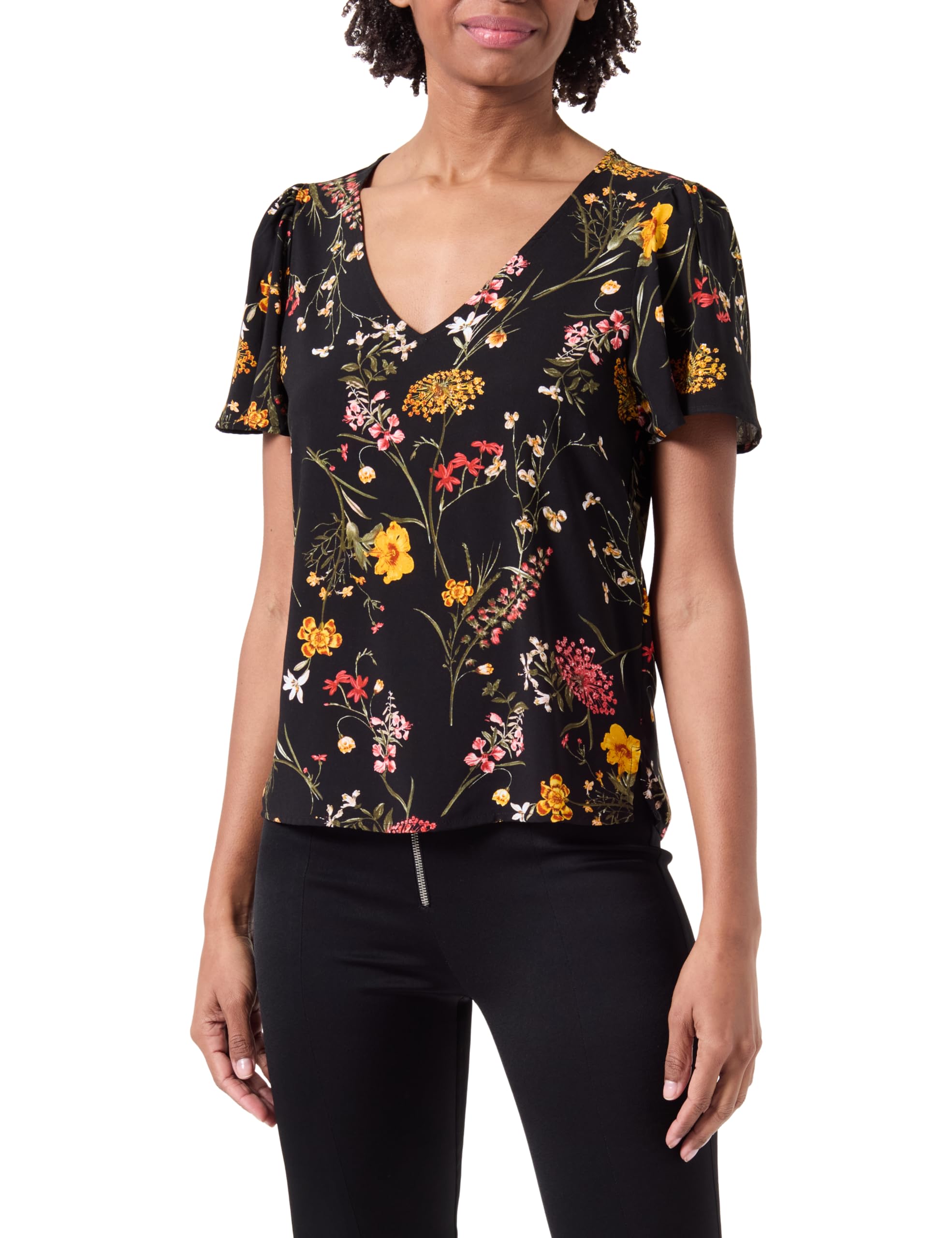 VERO MODA Women's Vmeasy Joy V-Neck SS Blouse WVN Ga Top, Black/AOP: vicka, M
