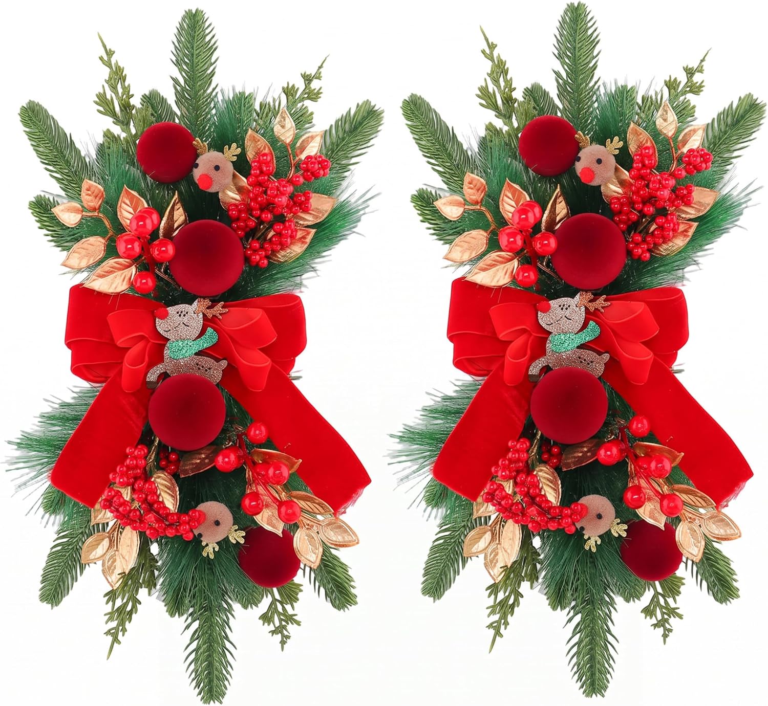 2PCS Christmas Door Wreath, Red Velvet Reindeer Teardrop Swag