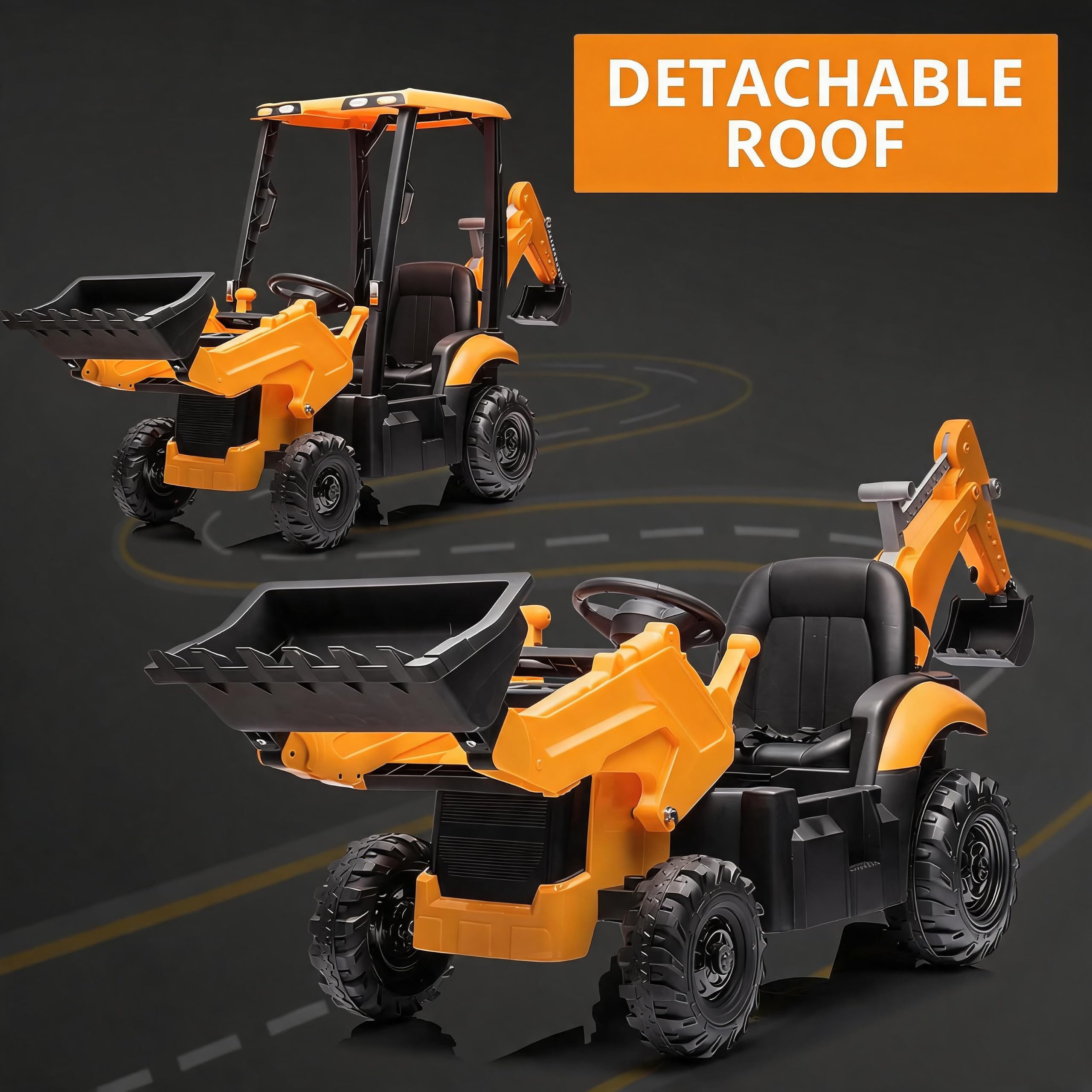 Garvee Escavatore Elettrico per Bambini 12V 4-in-1 con Doppio Motore | Trattore Escavatore con Ruspa, Benna Frontale, Tetto Rimovibile, Telecomando, Velocità 2–4 km/h, per Bambini 3+ Anni, Giallo