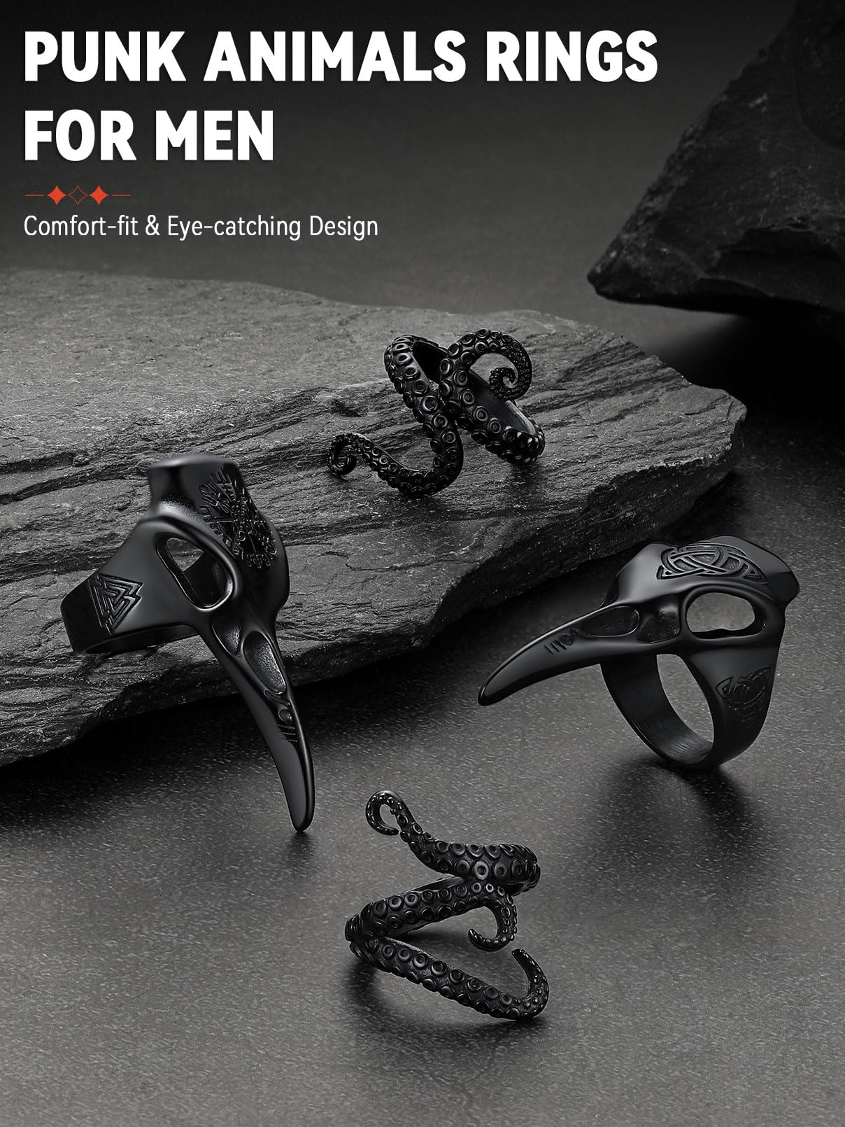 FaithHeart Punk Animals Rings for Men, Gothic Viking Raven/Octopus Stainless Steel Ring Cool Statement Rings with Gift Box: 02. Raven with Compass-Silver 9