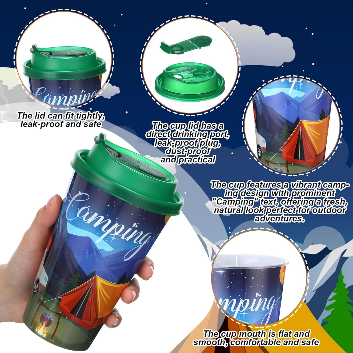 Yungyan 36 Sets Camping Party Favors Goodie Cups with Lids and Straws for Birthday Decorations Reusable 16oz Plastic Candy Cups Plastic Straws for Birthday Party(Camping)
