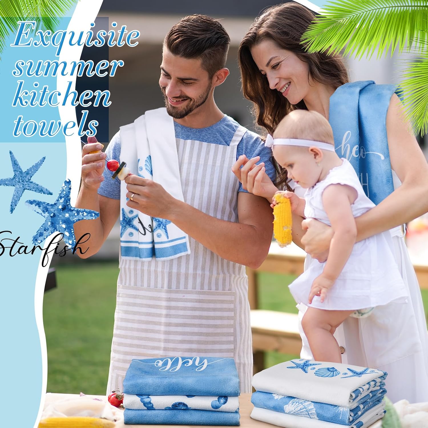 Oudain 6 Pcs Beach Kitchen Towels Ocean Coastal Hand Towel Sea Theme Nautical Starfish Shells Tea Dishcloths 24 x 16 Inches Seahorse Dish Cloths for Home Kitchen Bathroom Xmas Gifts