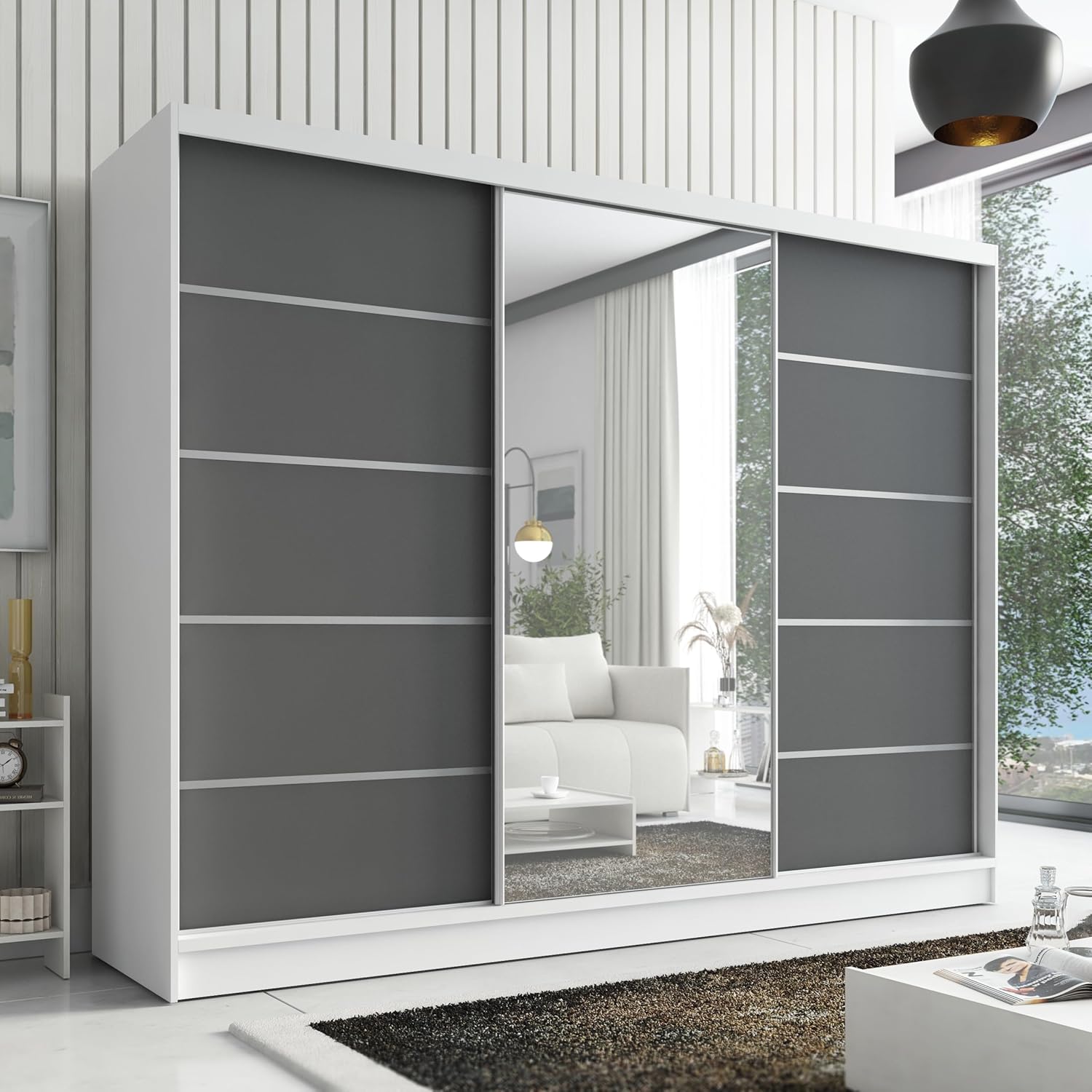 Aurelia 1 Schwebetürenschrank 200 cm Weiß/Graphit mit Spiegel