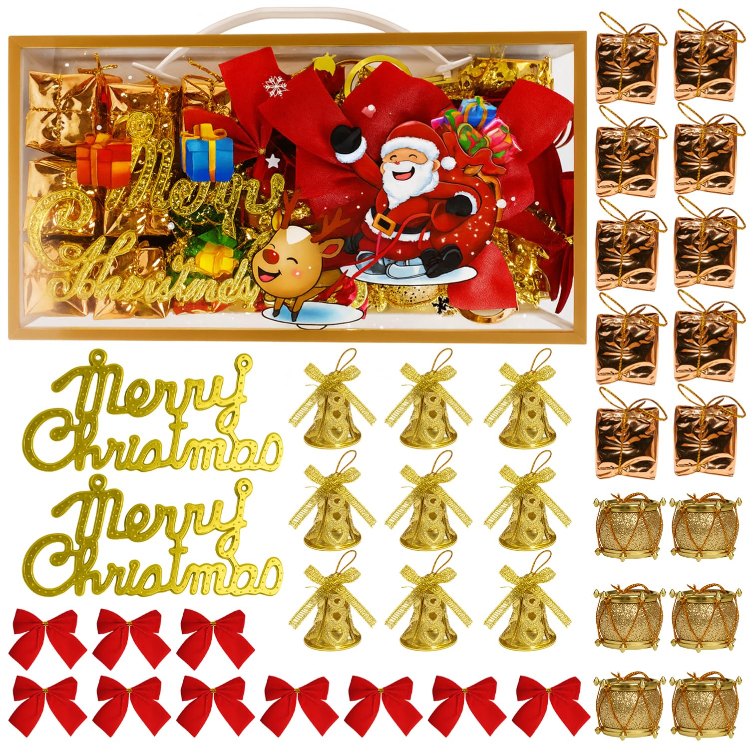Rozi Decoration Christmas Tree Decoration Set – Pack of 38 Mini Ornaments with Merry Christmas Hangings, Bells, Rose Gold Gift Boxes, Drums & Red Bows for Home, Office & Party Décor