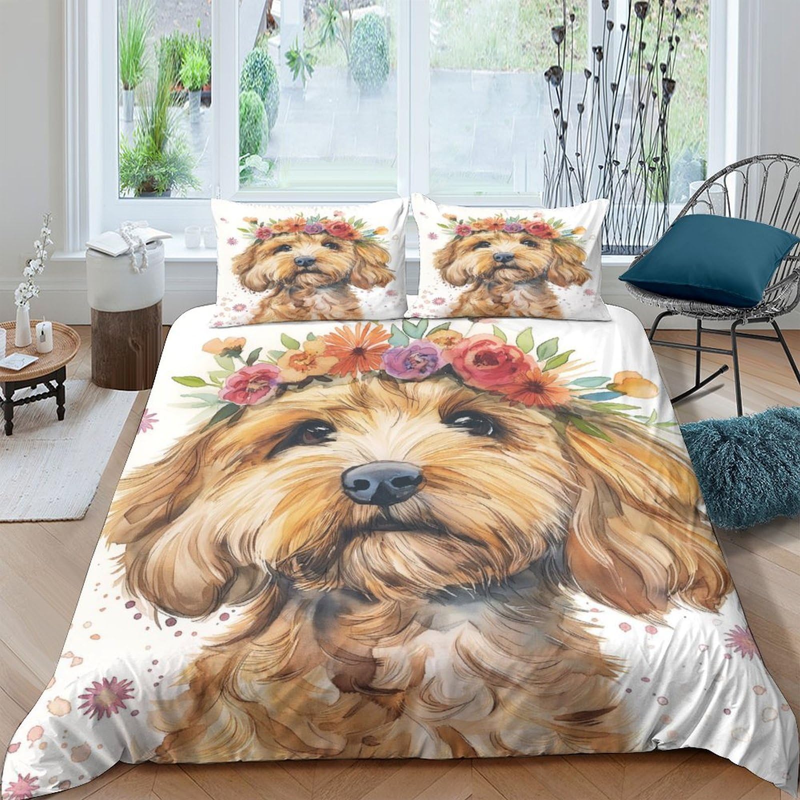 TNFHSOFT Cockapoo Dog Duvet Cover Microfiber Bedding Set, 3D Print Quilt Cover With Pillowcases, 3 Pieces With Zipper Closure, Winter Soft Comforter Cover Double（200x200cm）