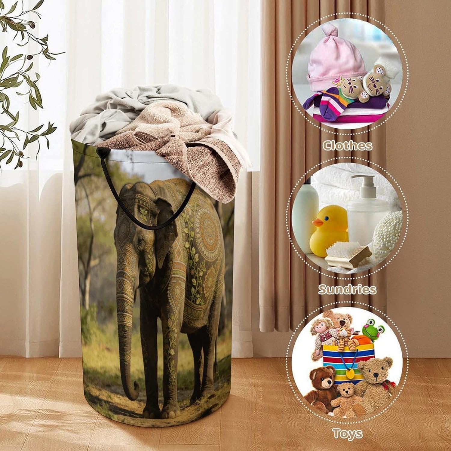 Decorative Patterned Elephant Laundry Hamper 86L Waterproof Collapsible Clothes Basket with Double Handles Freestanding Foldable Laundry Basket Large Clothes Hamper for Bathroom