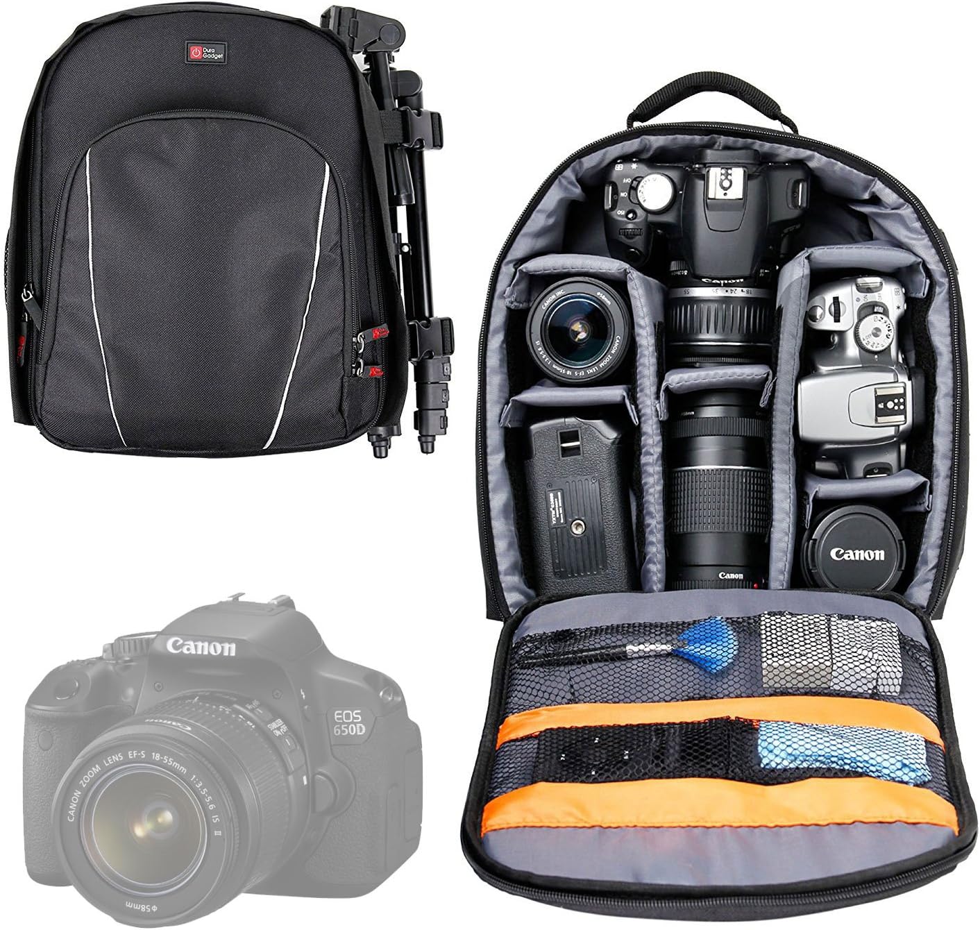 Black Backpack - Compatible with Canon EOS 2000D | 400D | M50 | 1300D | 1200D | 1100D | 750D | 700D | 650D | 600D | 550D | 350D | 100D | 70D | 60D | 7D | 6D | 5D | Kiss X50 & SX510 HS