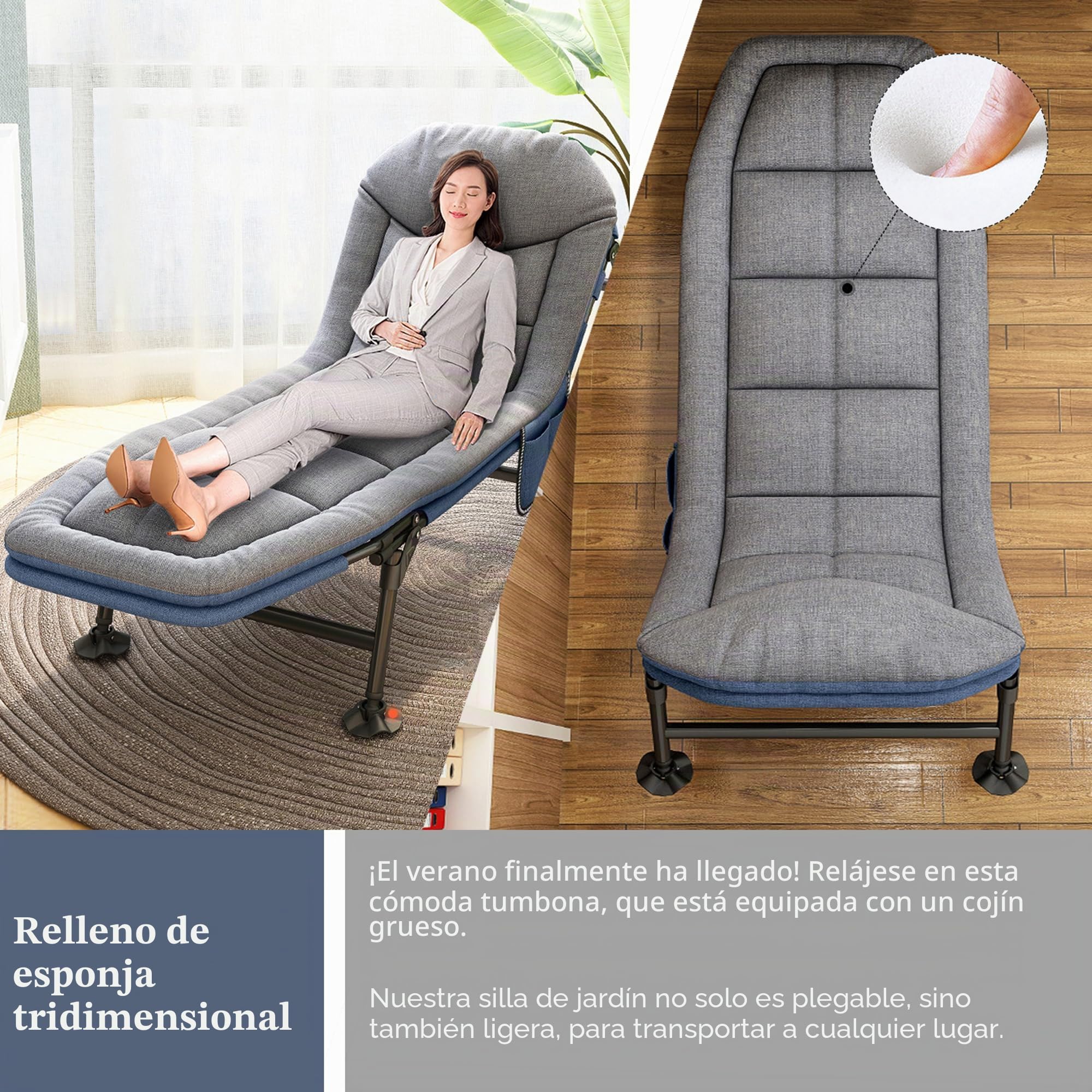 Cama de Camping Plegable con Colchón 190x65x30cm, Cama de Camp Portatil con Bolsillo Lateral, Tumbona Jardin Exterior con 5 Regulable Respaldo, Hamacas para Camping Jardín Exterior Interior, Gris