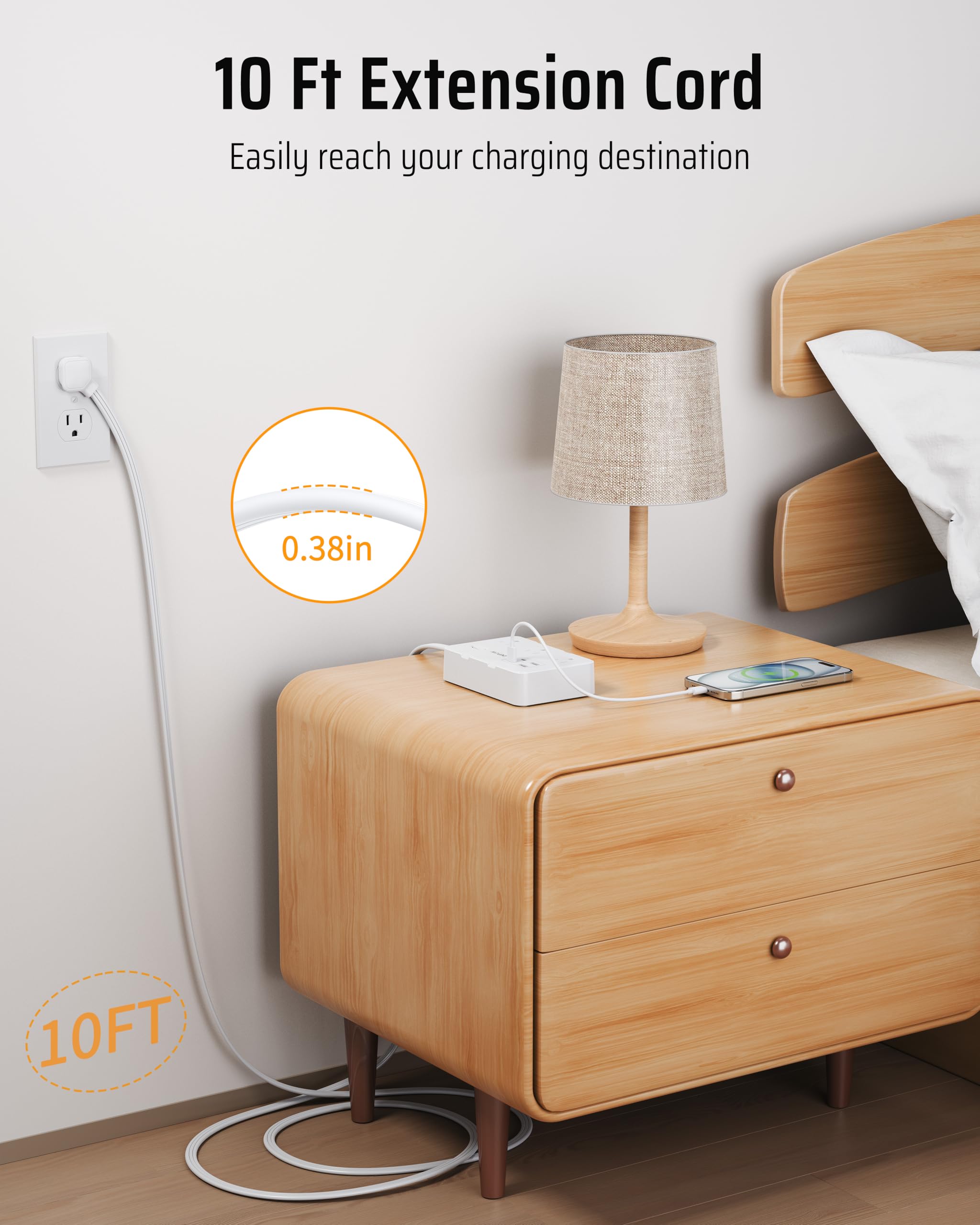 Steckdosenleiste mit 6 AC Steckdosen und 4 USB-A Ports, 45° abgewinkelte Steckdose Ladestation mit Netzschalter, 3 m Verlängerungskabel für Kreuzfahrten, Schlafzimmer,