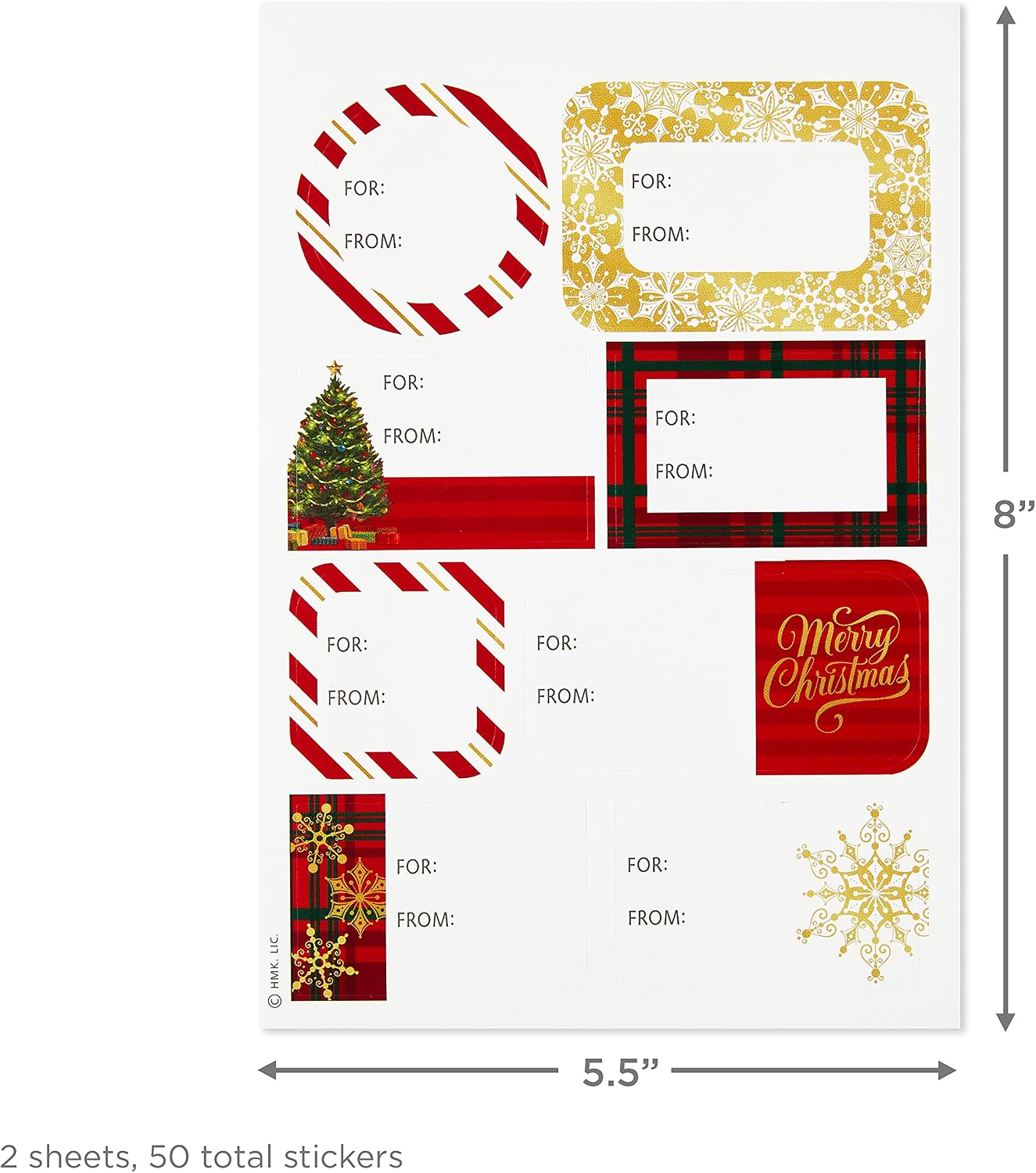 Hallmark Flat Christmas Wrapping Paper Sheets with Cutlines on Reverse and Gift Tag Seals (12 Folded Sheets, 16 Gift Tag Stickers) Red, White and Gold Stripes, Santa Claus, Snowflakes on Plaid, 0005XW 2080