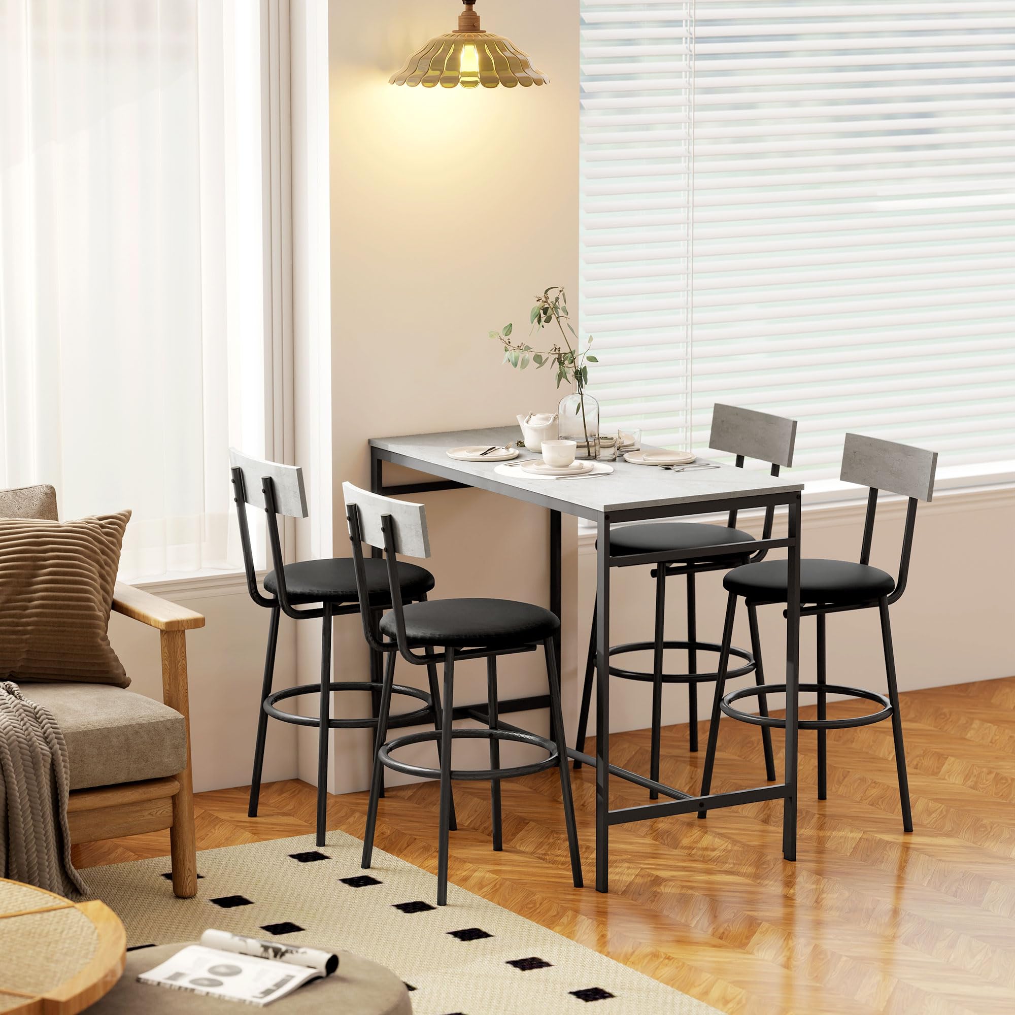 HOMCOM Juego de Mesa de Bar con 4 taburetes con tapicería de Cuero de PU, sillas de Bar y Cocina Que ahorran Espacio con Patas de Acero, Estilo Moderno, Mesa Alta con taburetes para el hogar Comedor