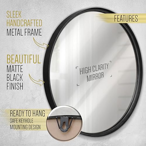 Miniatura 7 de BizChair Espejo de pared redondo de metal plateado de 27.5 pulgadas, espejo de acento grande para baño, entrada, comedor y sala de estar