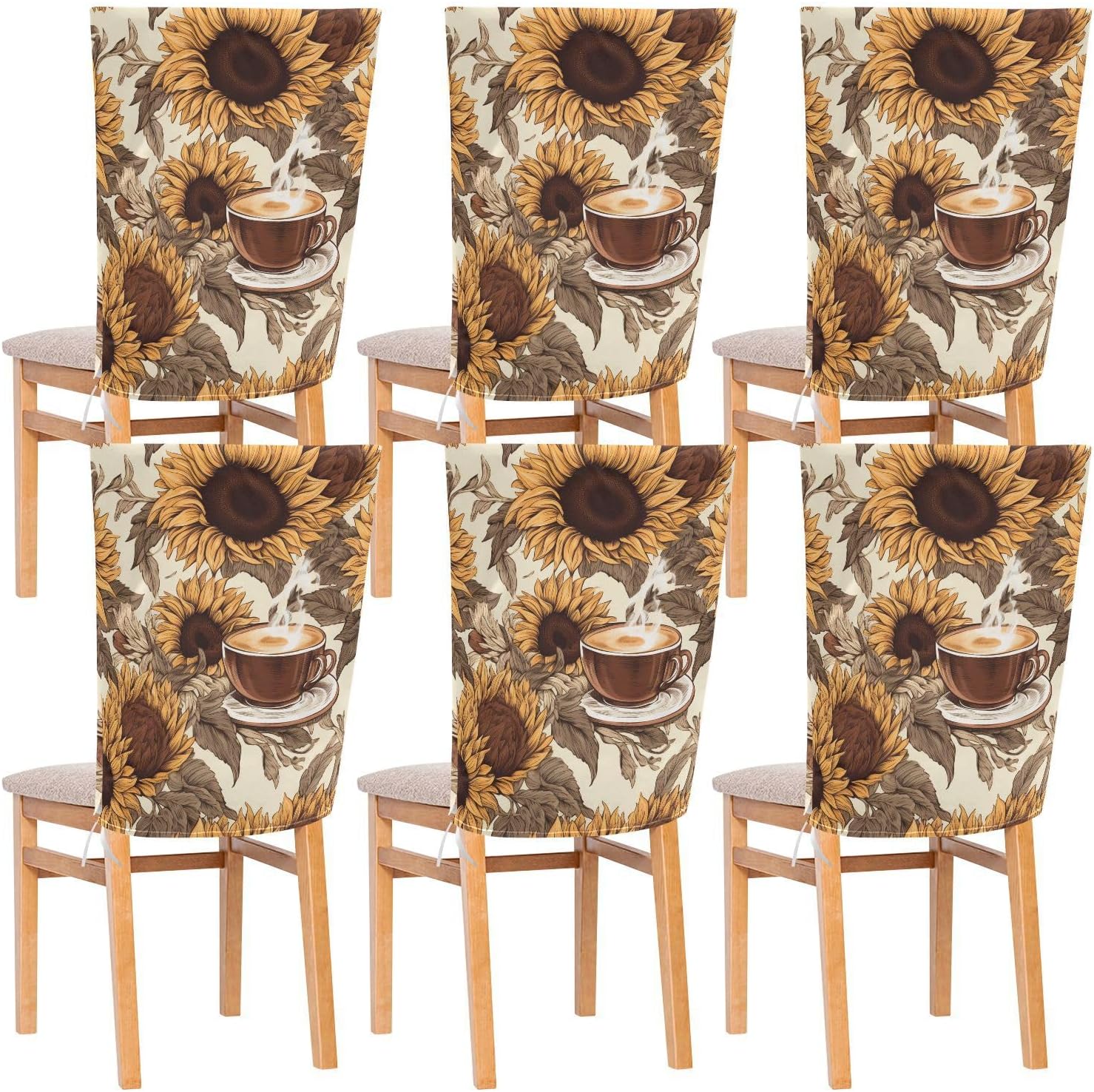 ALAZA Coffee Sunflowers Flowers Chair Back Cover Set of 6, Washable Reusable Removable Chair Slipcovers Decorative Chair Cover for Home Kitchen Wedding Party