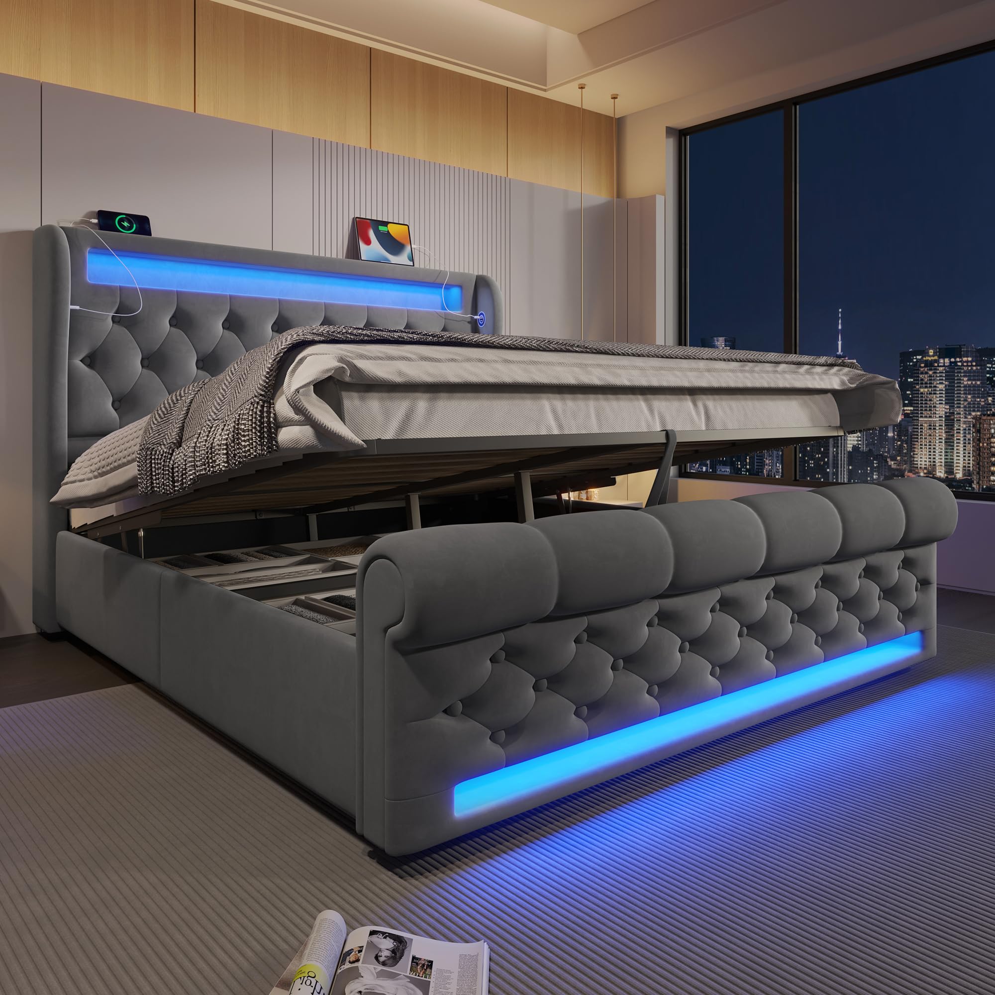 Letto Imbottito Con Luci LED E Porte USB: Stile E Comfort Con Spazio Extra!