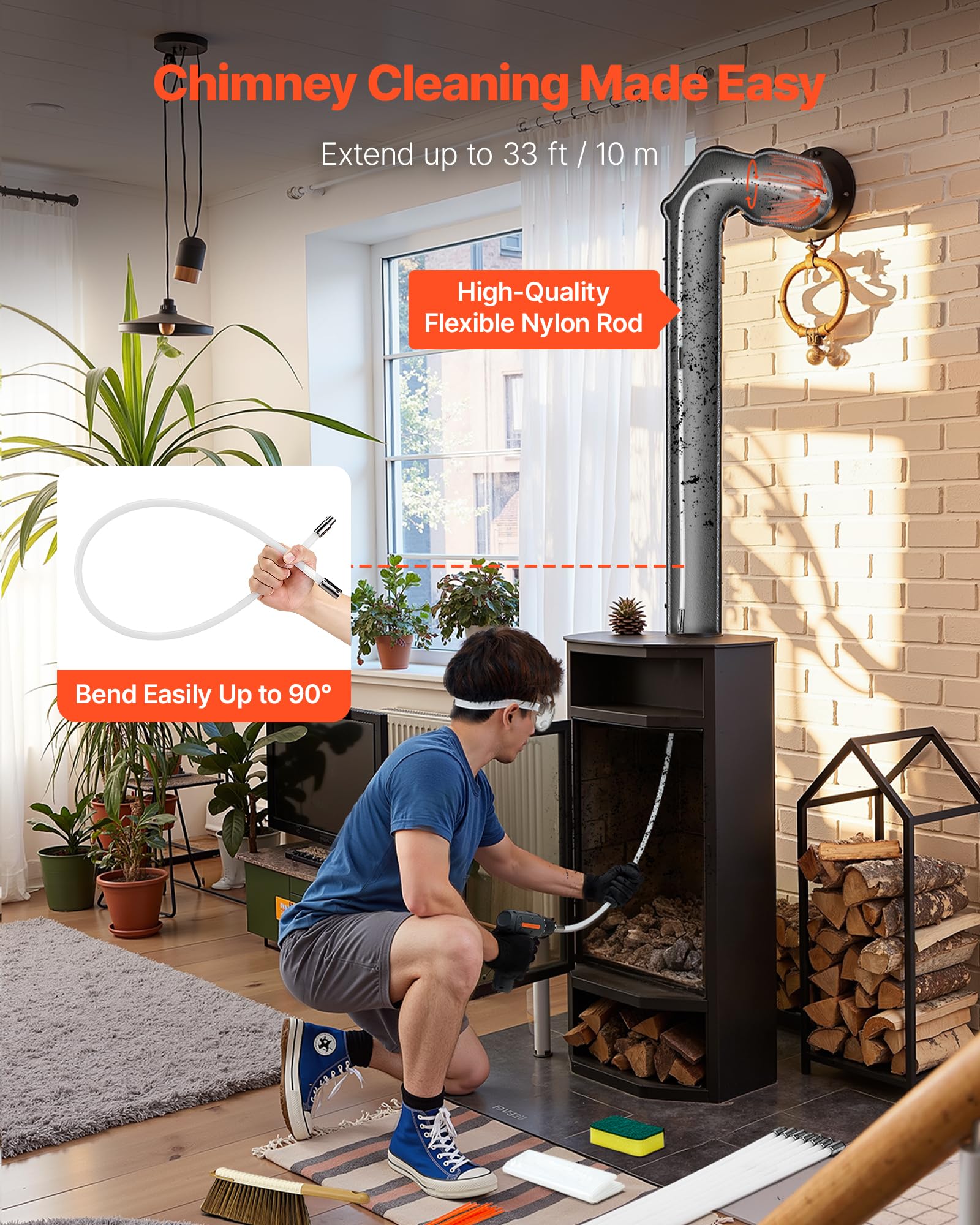 VEVOR Kit de Cepillo Limpieza de Chimenea, 10 m Varilla Flexible de Nylon, 3 Recambios de Cerdas, Guantes, Gafas, Bolsa, Deshollinador Flexible a 90° para Chimeneas Cuadradas Rectangulares y Arqueadas