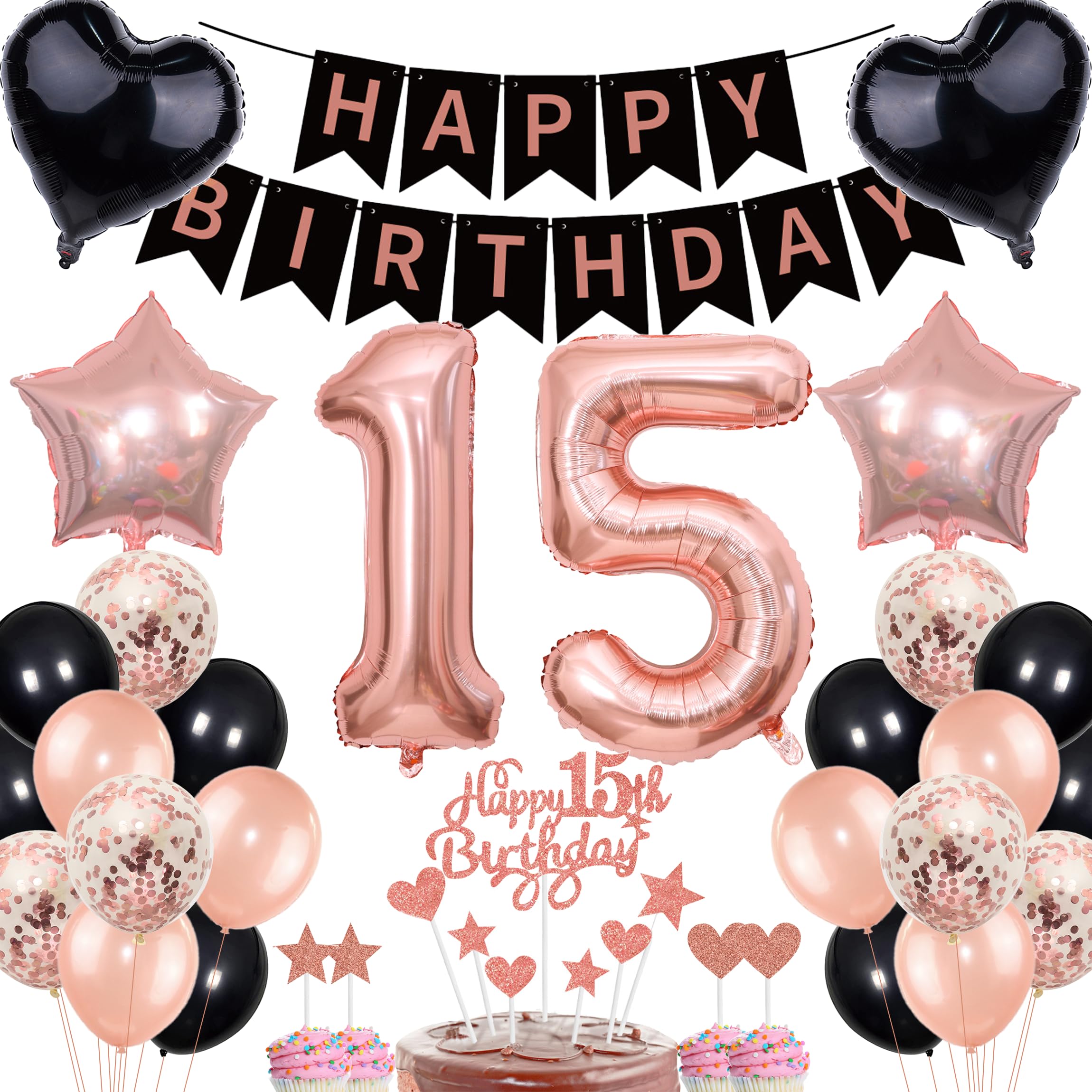 Rose Gold 15th Birthday Girl Decoration - Cake Topper, Balloon, Gift Set