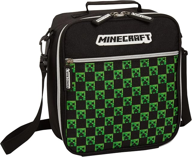 Minecraft Lunch Bag with Front Zip Pocket Removable Shoulder Strap Adults Kids Creeper Gamer School Insulated Luchbox