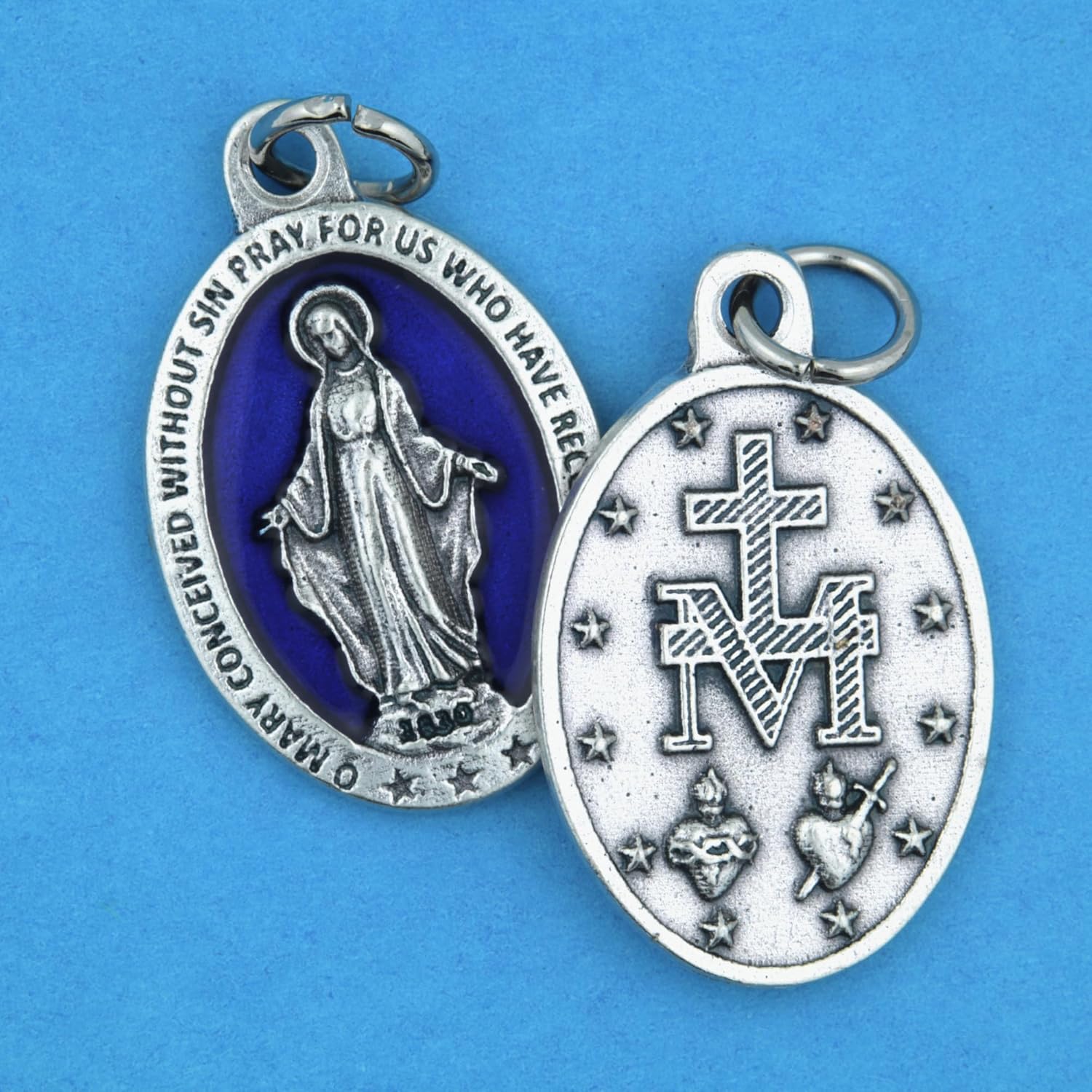 Needzo Blue Enameled Miraculous Medals, Premium Double Sided Silver Tone Pendants, Made in Italy, 1 Inch (Pack of 5) - Image 5