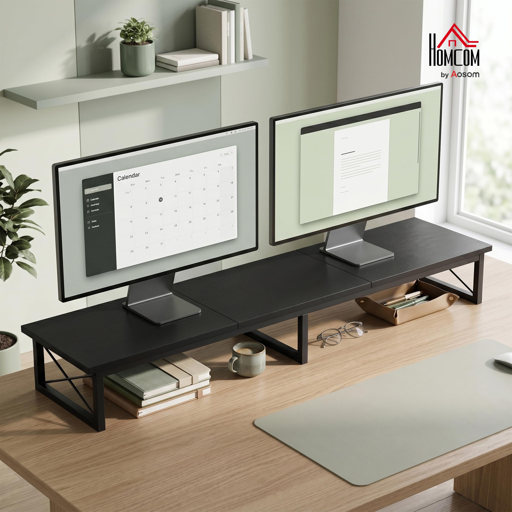 HOMCOM Supporto per Monitor da Scrivania, Rialzo per Monitor in Legno con 2 Scomparti Portaoggetti, per Laptop e PC, Fino a 20kg, 114x30x16.5 cm, Nero