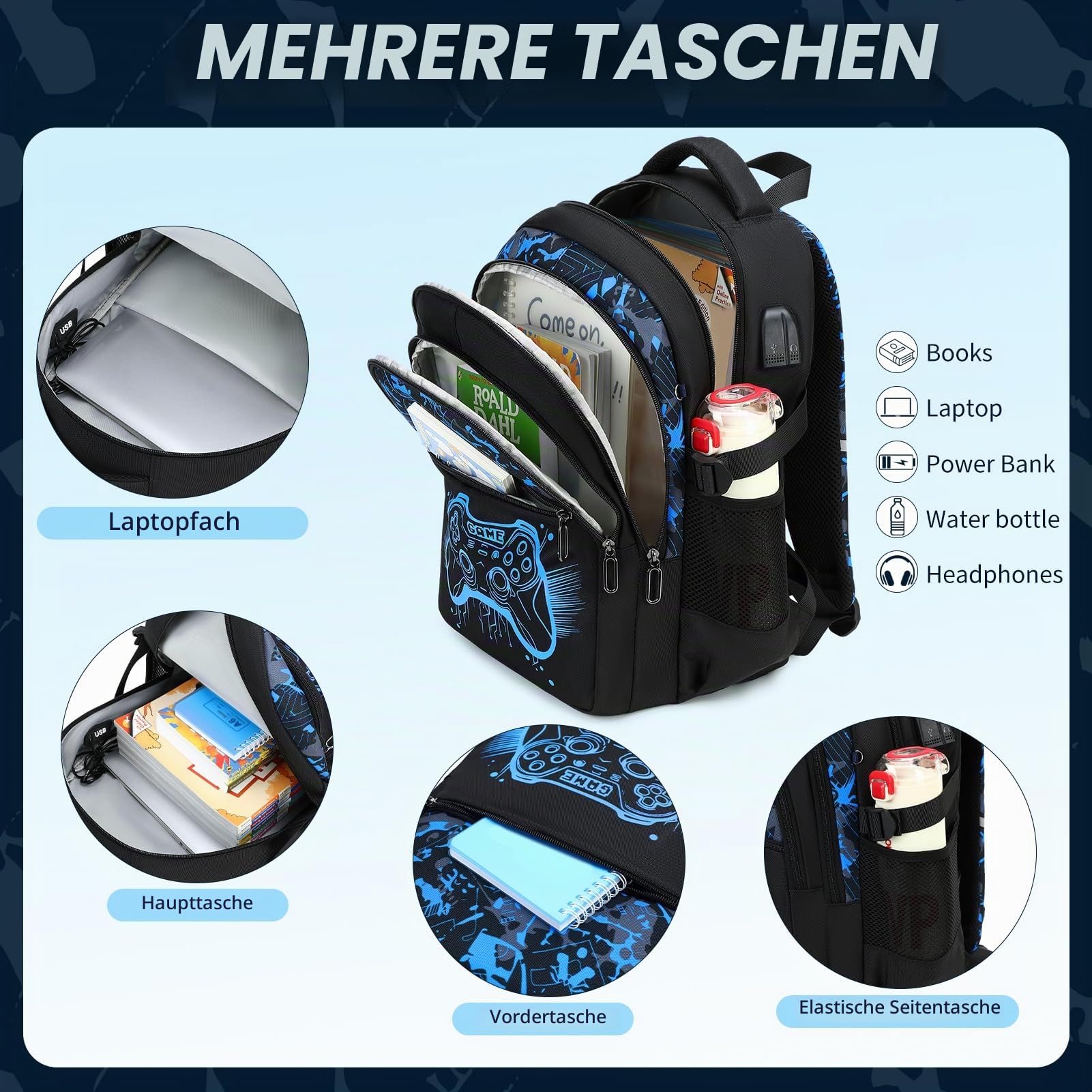 Schulrucksack Set Jungen mit Federmäppchen, Gaming Design | Großer Schulrucksack mit Leuchtendem Gaming Design, Ideal für Grundschule und Sekundarstufe