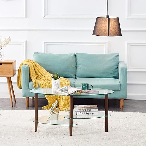Miniatura 4 de Meihua Mesa de centro ovalada de vidrio para sala de estar, mesa de centro transparente con patas de madera, mesa decorativa moderna para oficina en