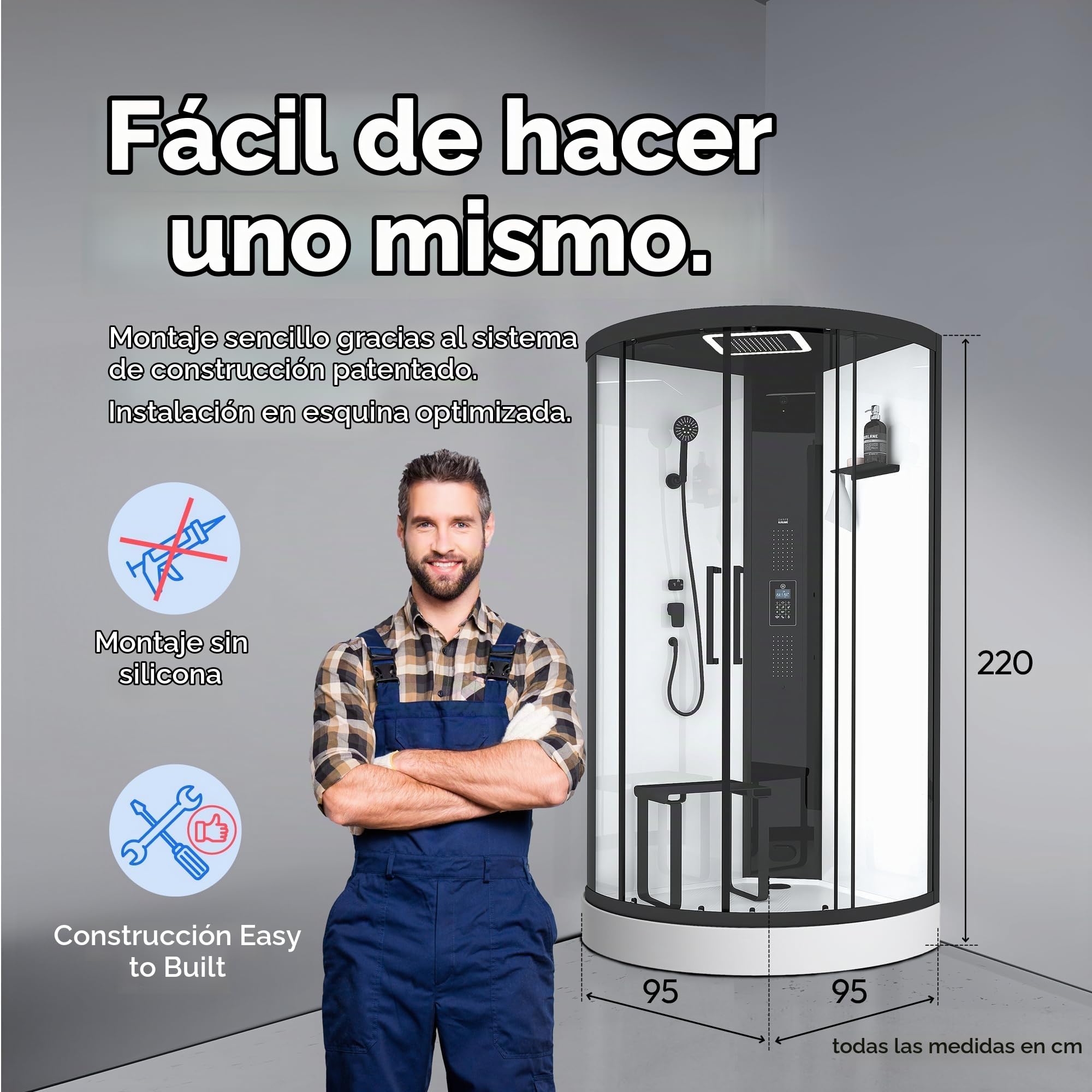 Marwell Cabina de ducha de vapor Spa Round 95 x 95 x 218 cm, juego completo con bañera acrílica y grifo, con ducha de lluvia LED, radio y altavoz Bluetooth