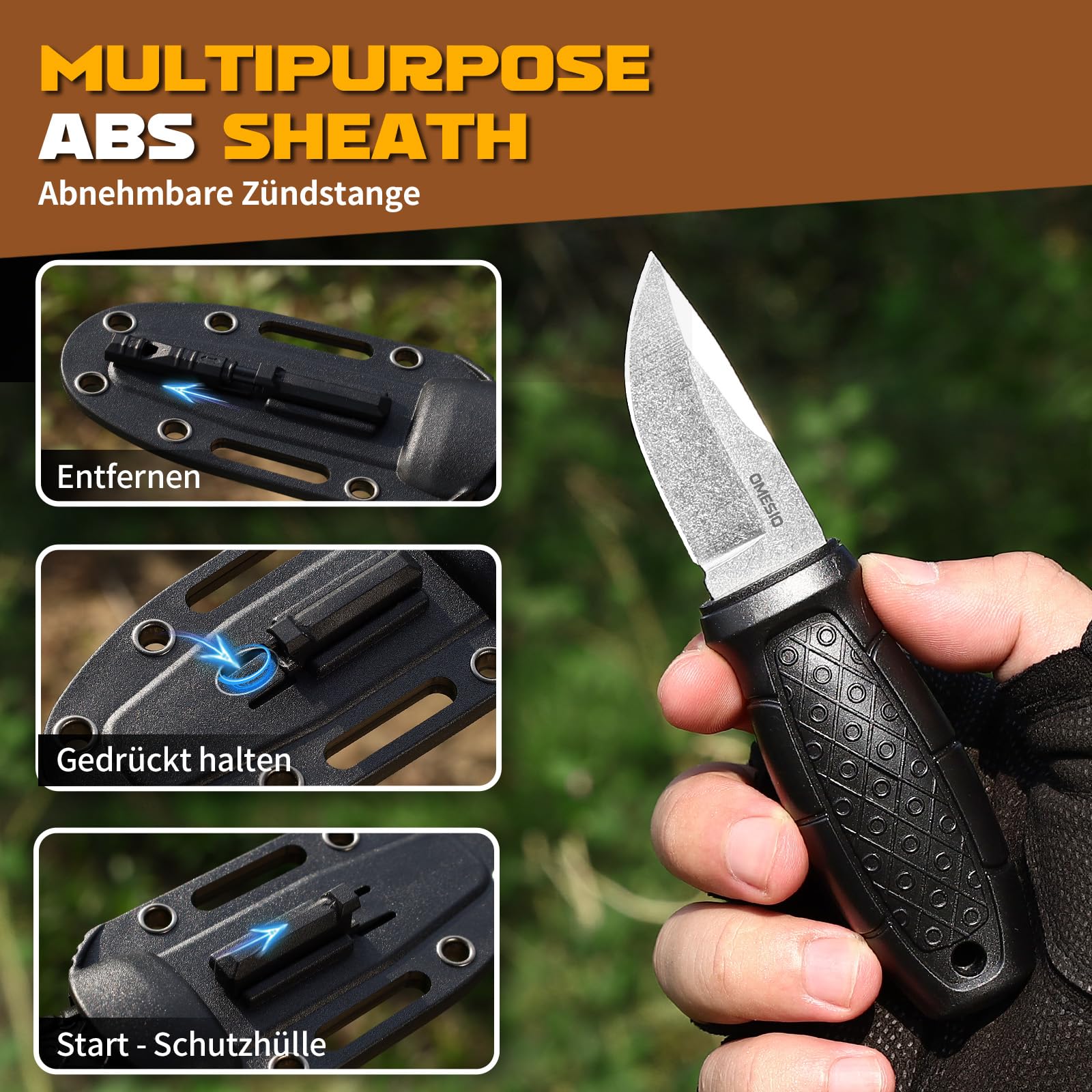 Omesio Coltello Da Collo Edc, Lama in Acciaio 5cr14mov Da 6 Cm, Robusto Manico in PP, Con Fodero in Abs, Catena a Sfere e Fischietto, Adatto Per Il Campeggio e La Sopravvivenza Nella Natura Selvaggia