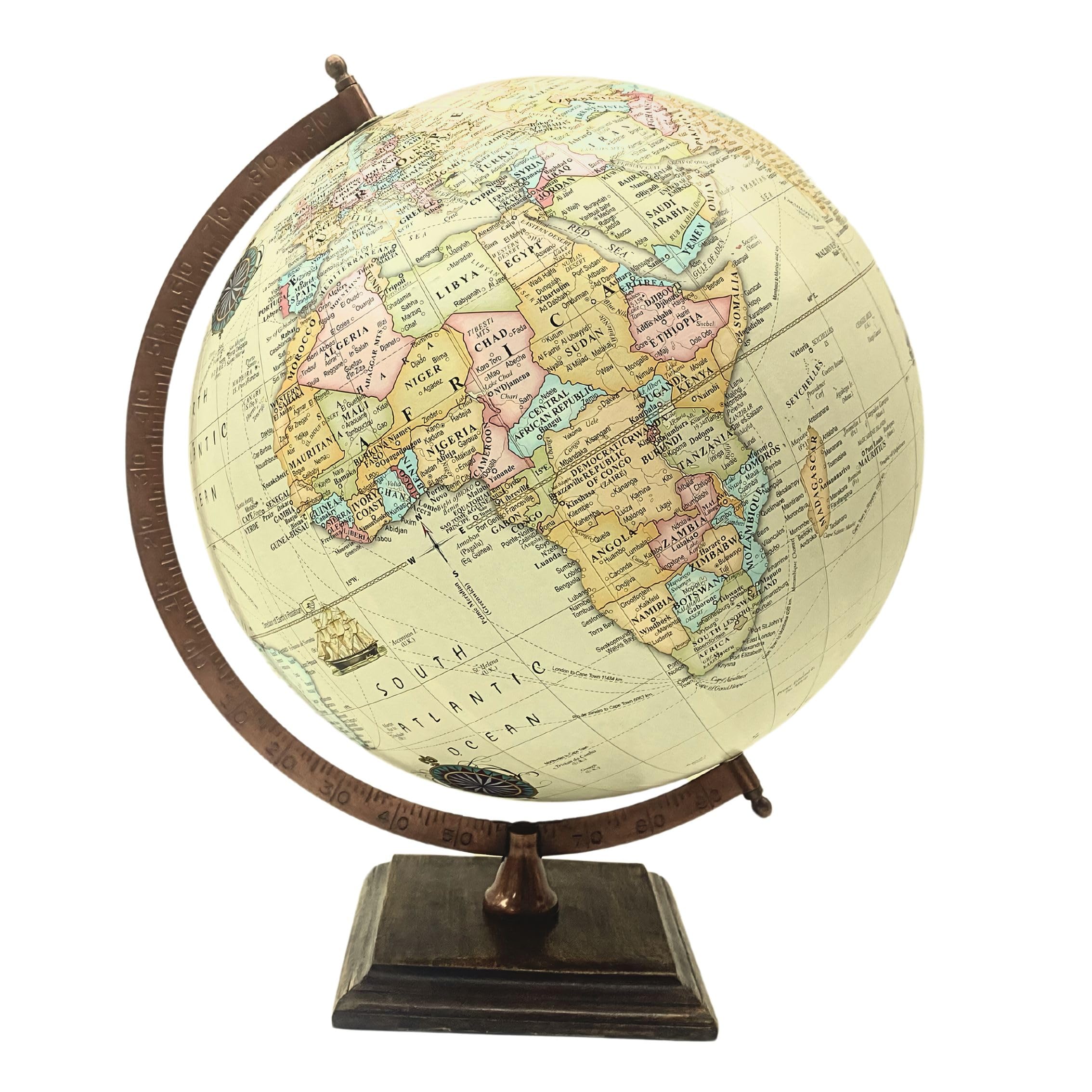 Exerz 30cm Mappamondo Antico, Mappa Inglese, con base quadrata in legno, mappa moderna a colori vintage, fatto a mano