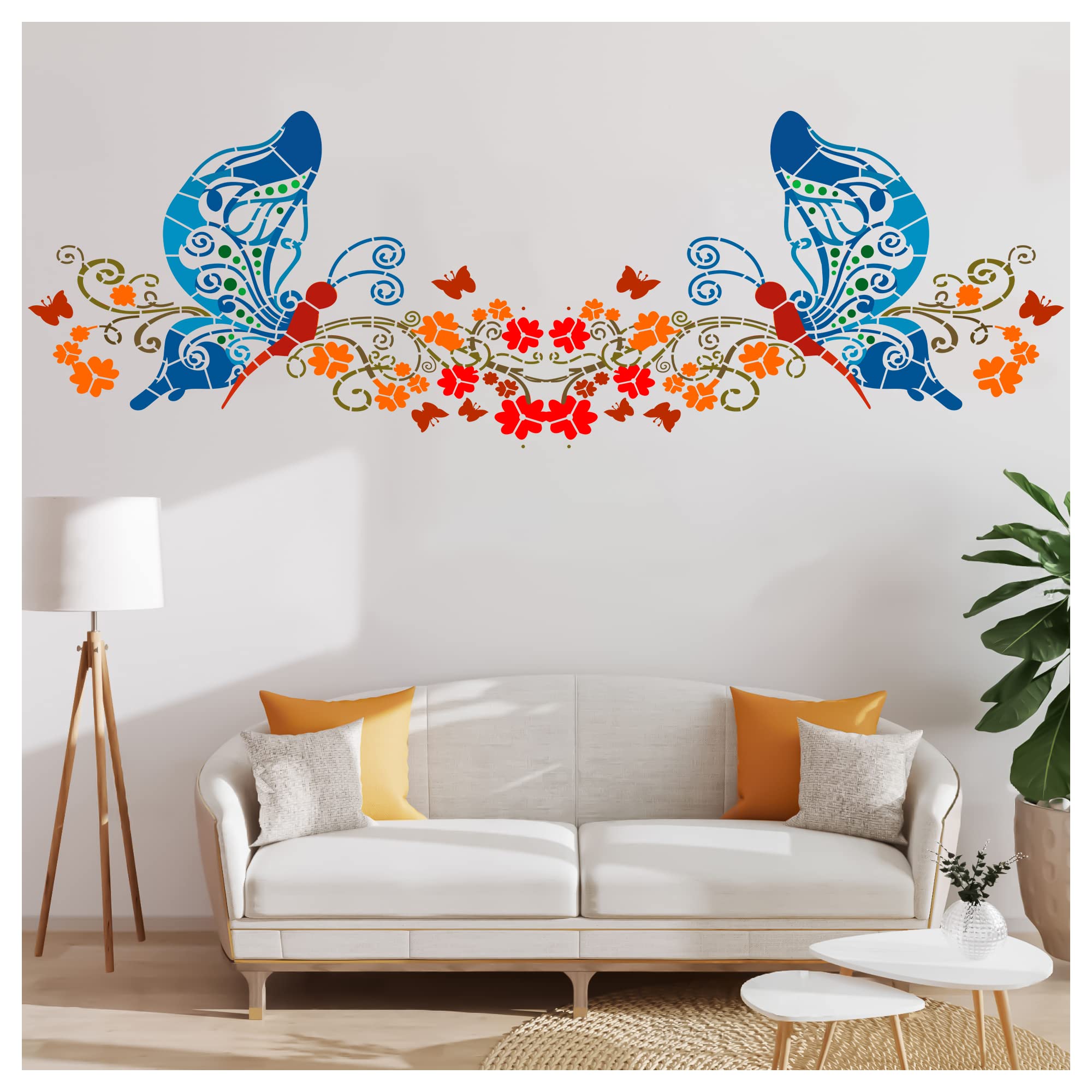 絵画 flk040103 Kayra Decor Stencils for Wall Painting - Flower Butterfly Pack of