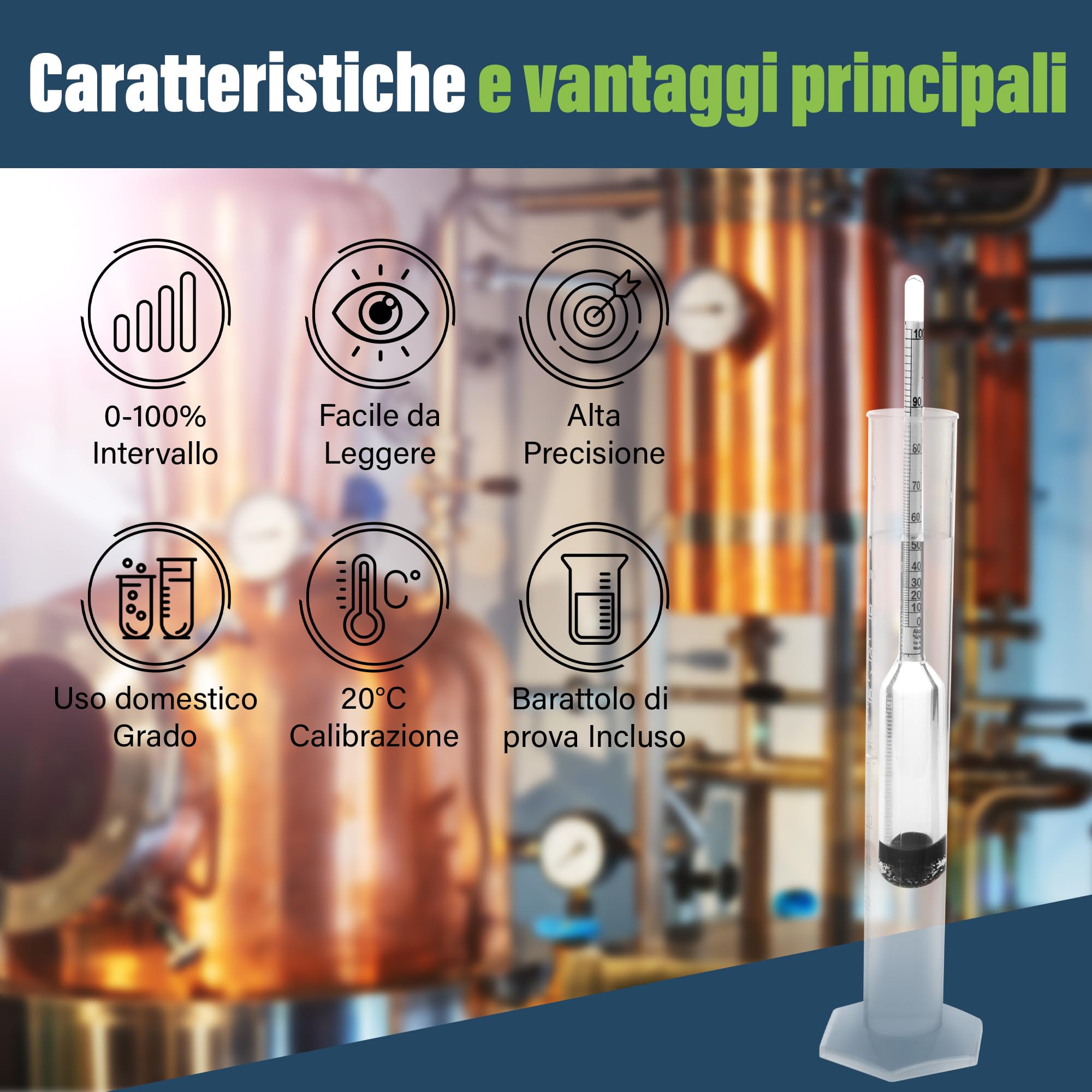 Alcolimetro per alcol e spiriti, per misurare la percentuale di alcol nei distillati (0-100%), con idrometro da 23 cm e provetta da 100 ml