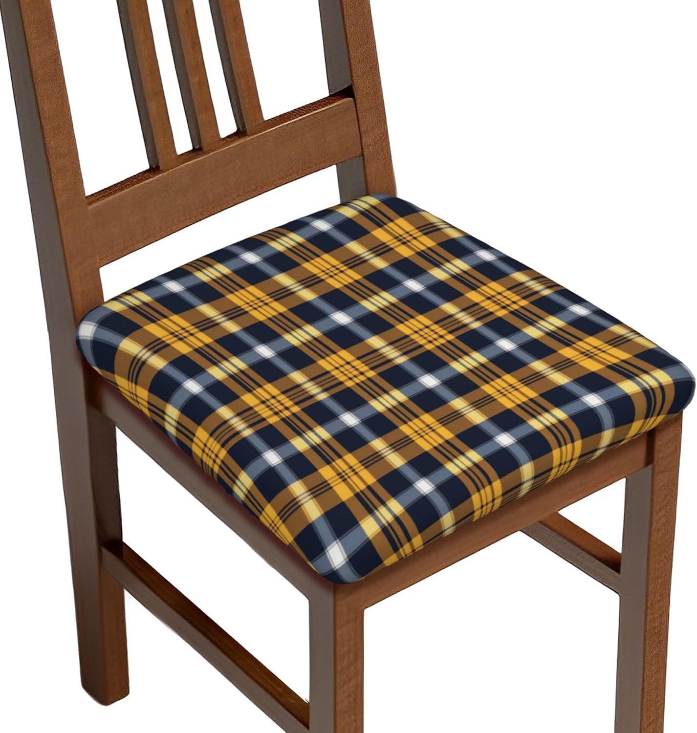 Dining Chair Seat Covers Set of 4, Blue Mustard Gingham Check Print Chair Seat Covers Stretchable Dining Room Seat Covers Kitchen Chair Protective Covers for Kitchen Hotel Office
