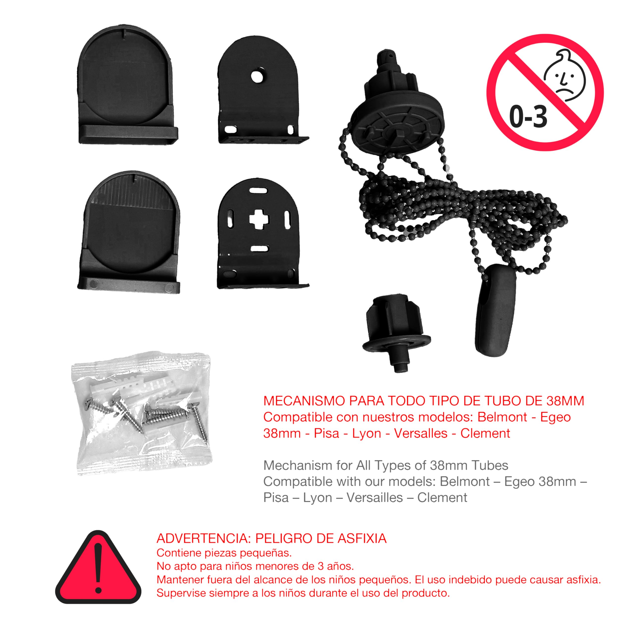 Blindecor | Kit meccanismo per tende avvolgibili | Compatibile con tubi da 38 mm - Nero | Scatola meccanismi di sostituzione completa