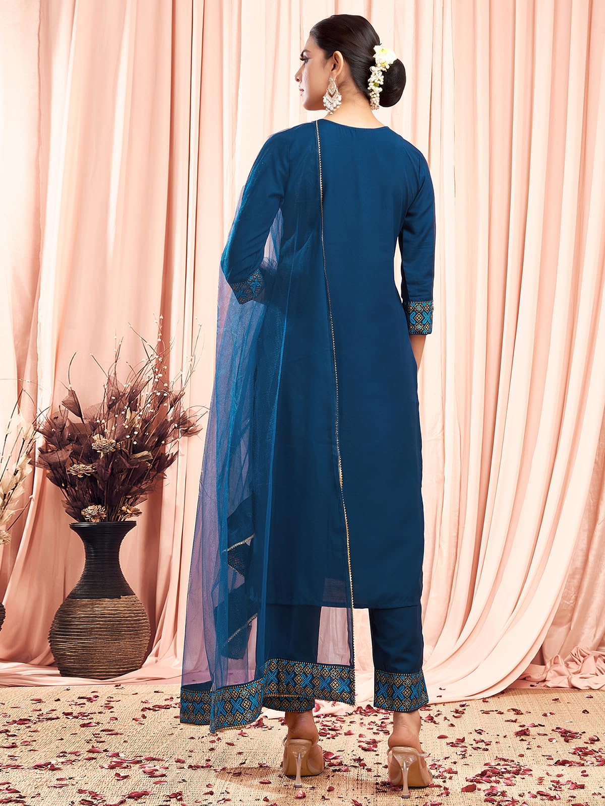 Sanisa Women's Cotton Blend Sequence Embroidery Work With Foil & Pigment Print Straight Kurta With Pant And Dupatta Set (137Kbd1472Nr-L_Blue)