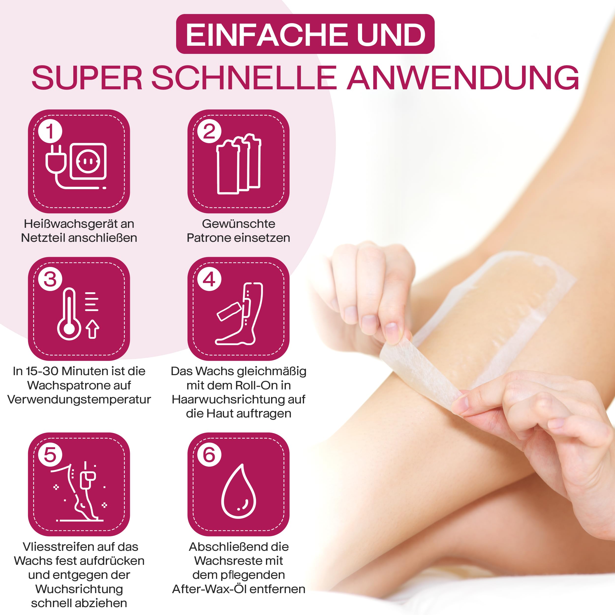 Waxing Set Kosmetex Wachsset, Patronenerhitzer, 3x Wachspatronen, After Öl, Vliesstreifen, 7-tlg Wachspatronenset