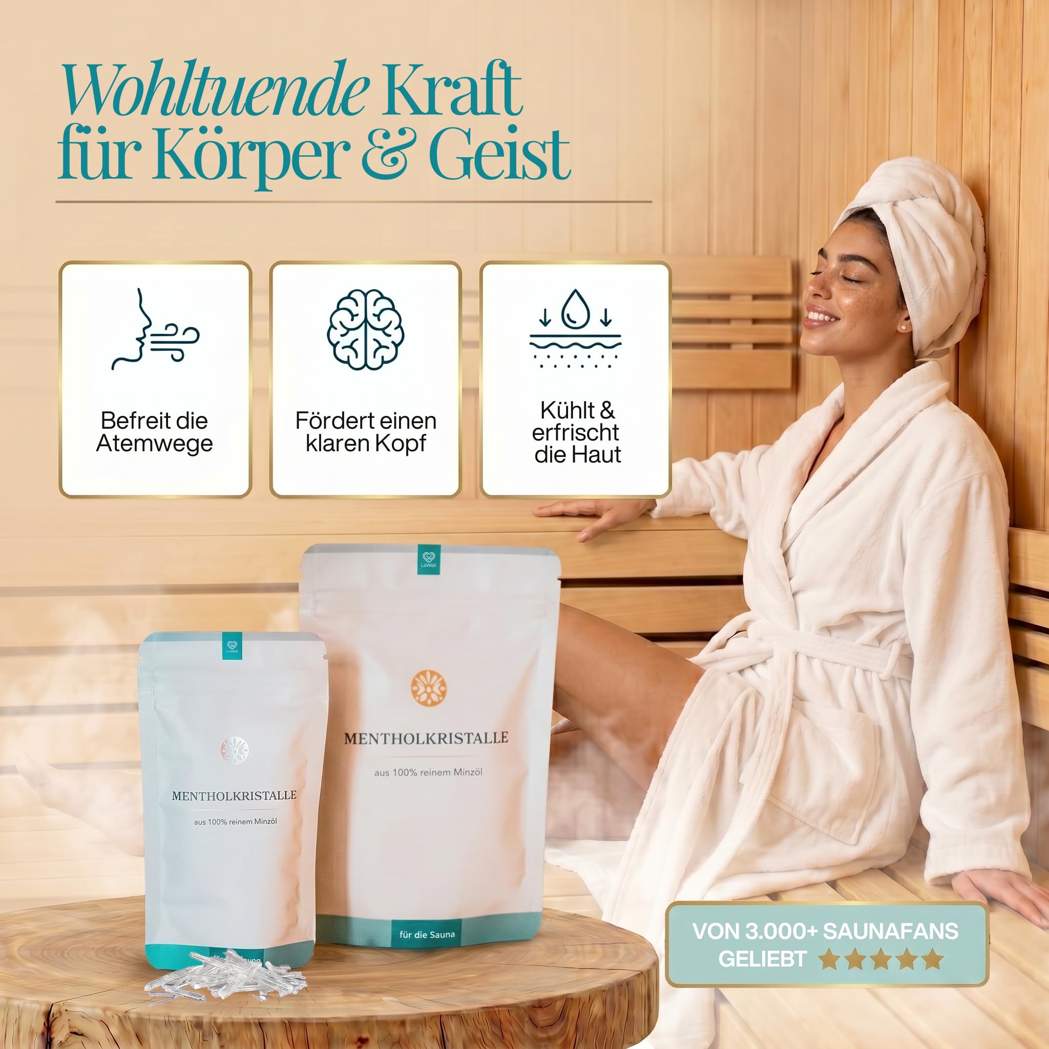 LoWell® 100g Cristales de mentol 100% menta pura - Ideal como infusión para sauna - Bolsas recerrables - Mentol
