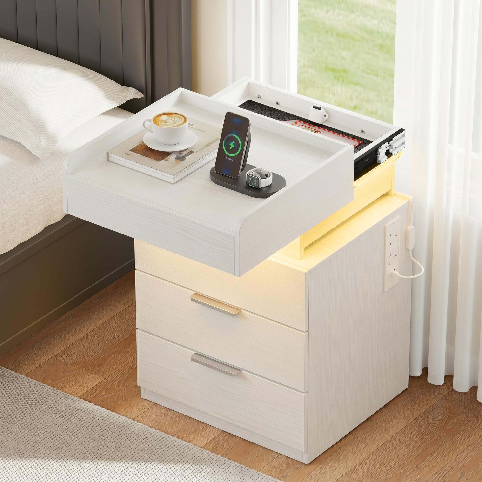 Quikraen White Bedside Table with Charging Station, Lockable Drawer and LED