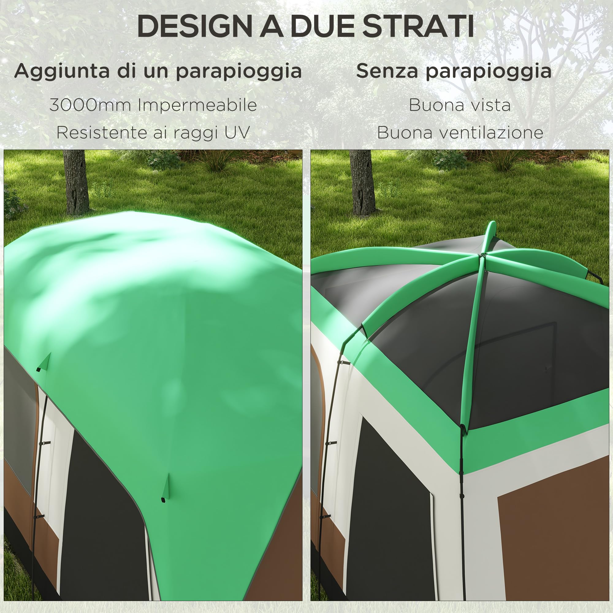 Outsunny Tenda da Campeggio 4 Posti Impermeabile con Finestre a Rete, Tenda a Tunnel in Poliestere, 490x305x225 cm, Verde