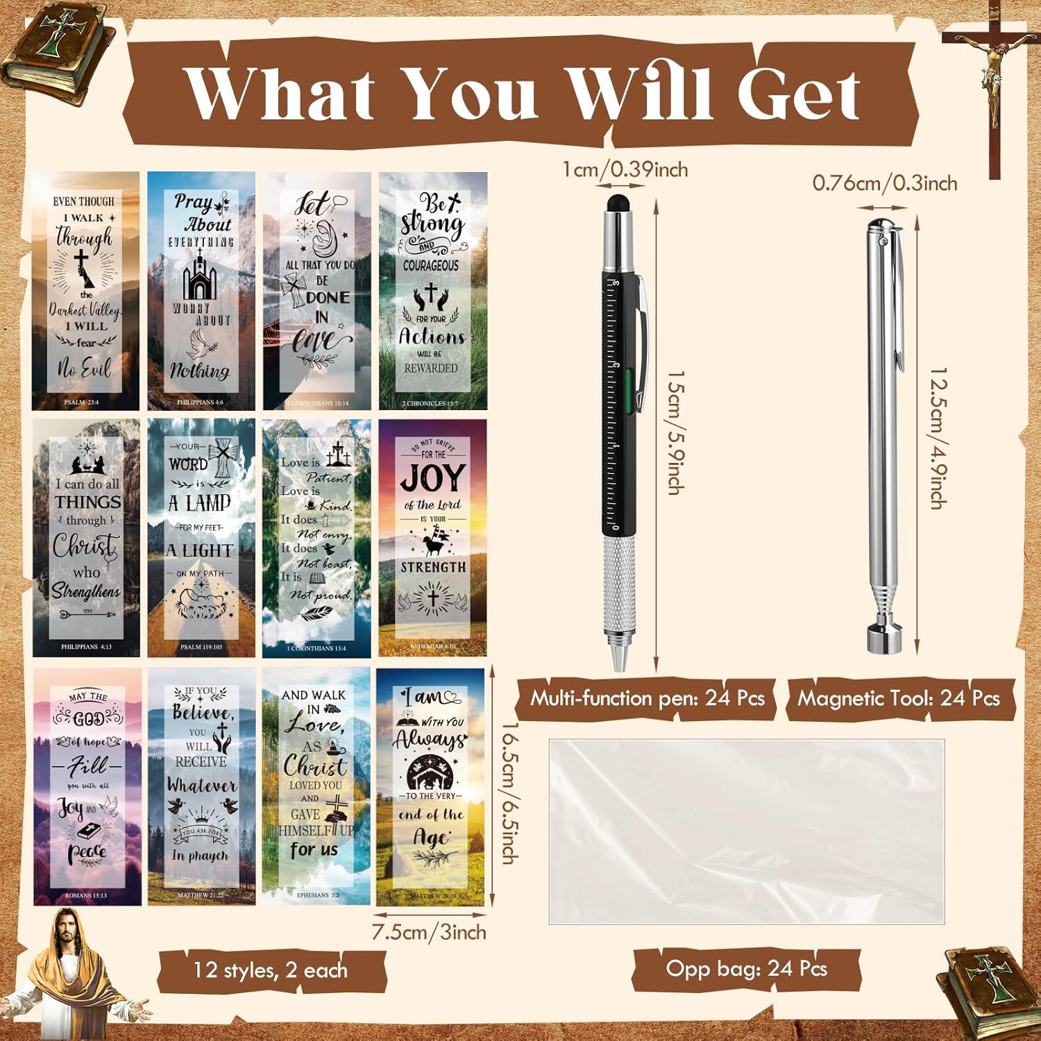 Sets Father's Day Religious Party Favors Gift for Men Employee Christian Gifts Bulk Multi Tool Pen Bible Verse Card Telescope Magnetic Pickup Tool Set for Dad Father Husband(24)
