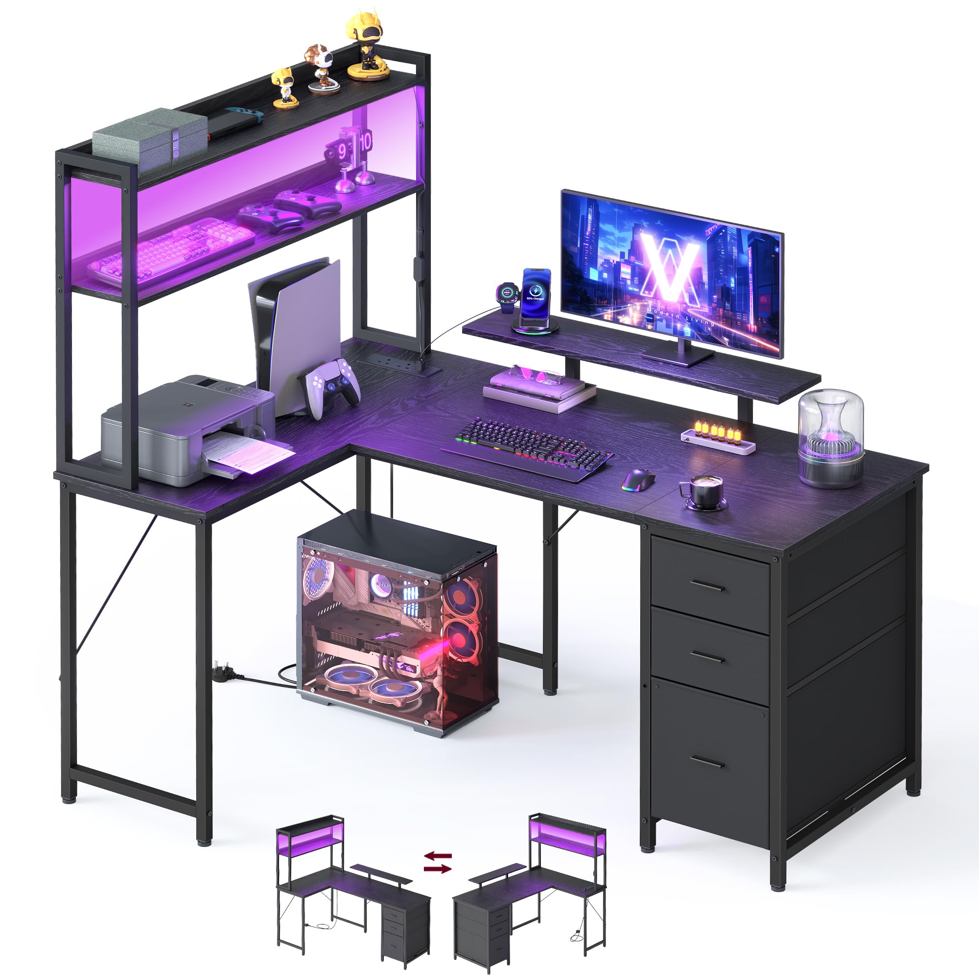 VASAGLE L-Shaped Computer Desk with LED Lights and Power Outlets, Corner Gaming Desk with 3 Drawers and Monitor Stand, 140 x 100 x 150 cm, Black, Barnet Collection LWD162B102