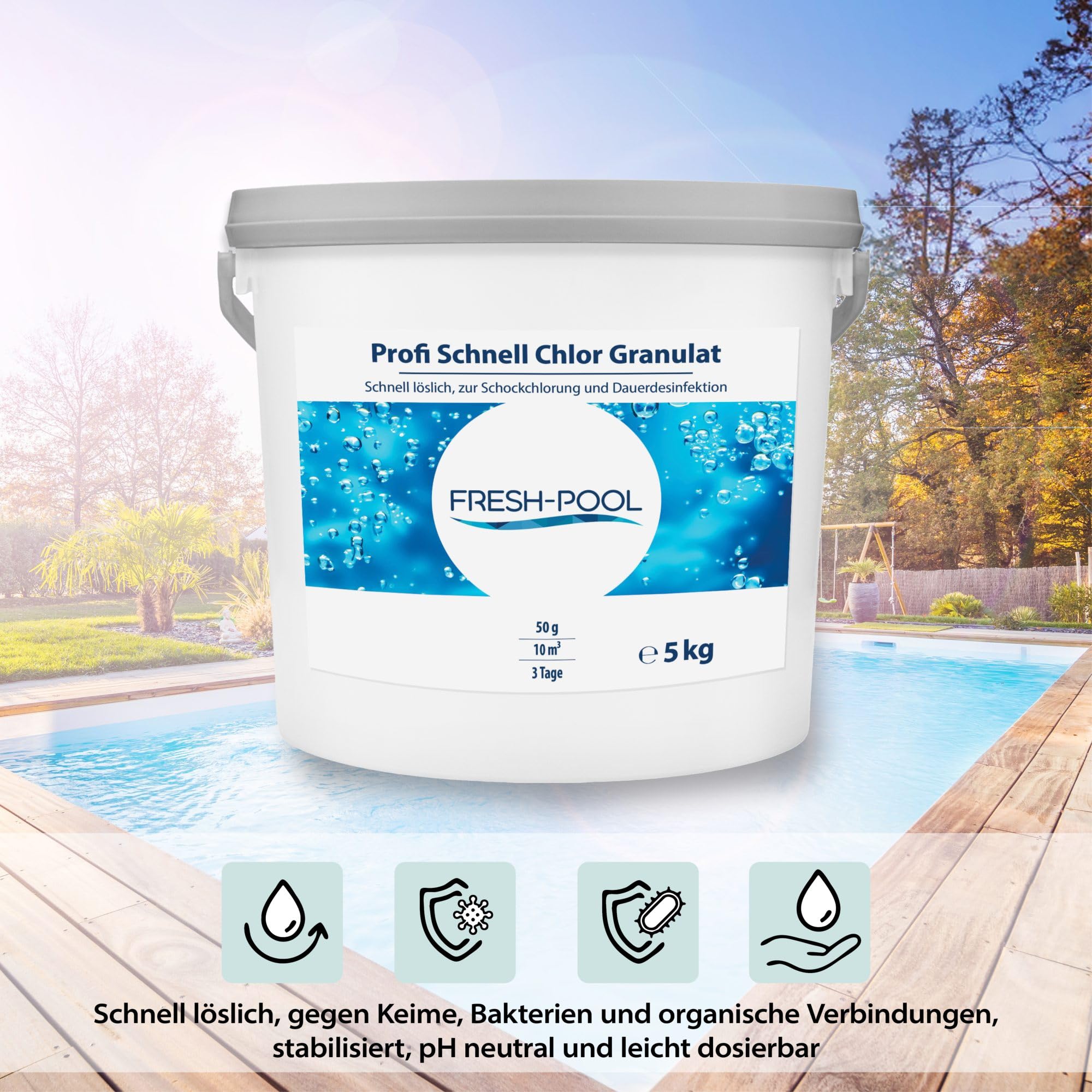 Fresh-Pool Profi Schnell Chlor Granulat, 56% Aktivchlor, 5 kg incl. Dosierbecher - Pool Chlor Granulat | Clorgranulatpool 5kg | Chlorgranulat für Pool | Chlor Pool | Clorgranulatpool